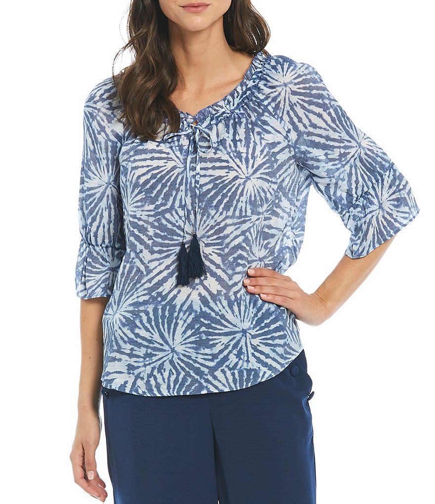 I.N. Studio Sunburst Tie Dye Gauzy Texture Ruffle Tassel-Tie V-Neck Short Sleeve Top