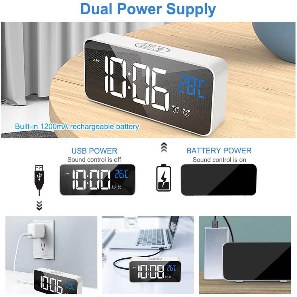 Mini Slim LED Mirror Display Voice Control Bedside Clock,4 Levels Adjustable Brightness Dimmer