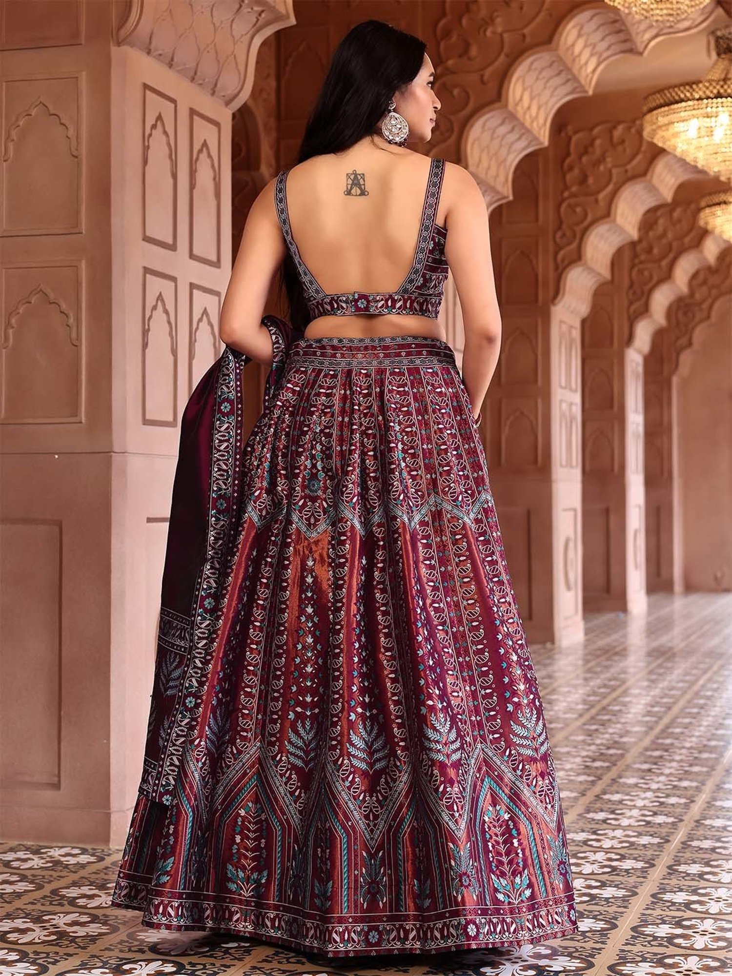 PURVAJA Maroon Woven Lehenga Choli Set With Dupatta