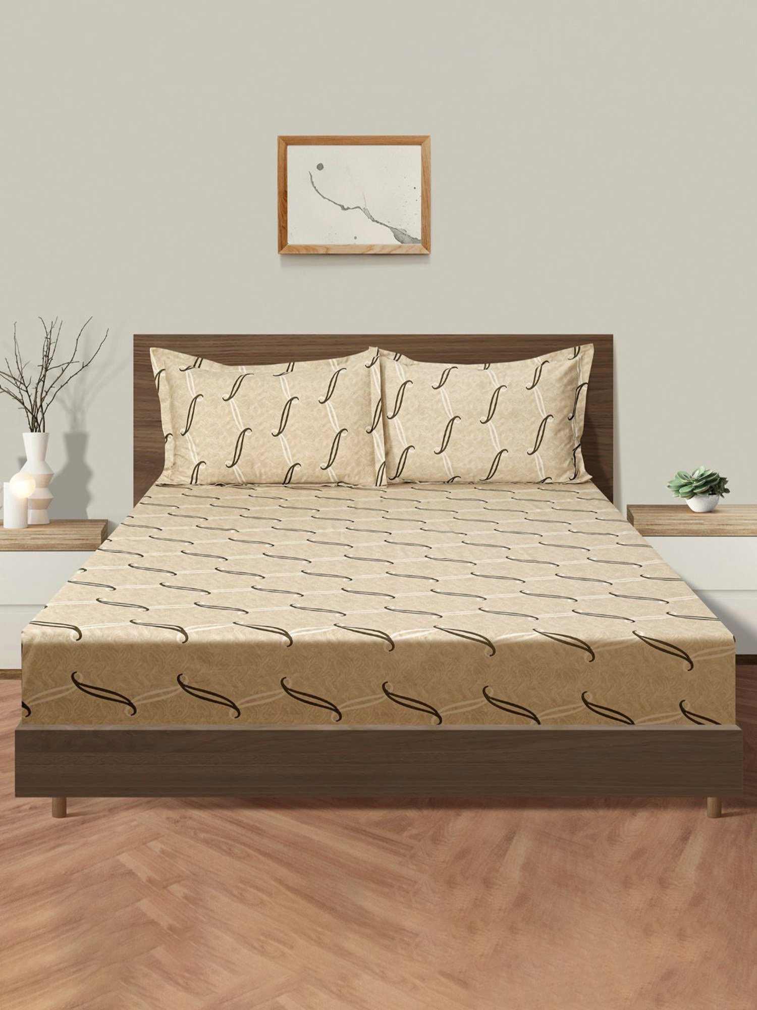 Swayam Dona Abstract Grey 250 TC Cotton King Fitted Fitted Bedsheet with 2 Pillow Covers