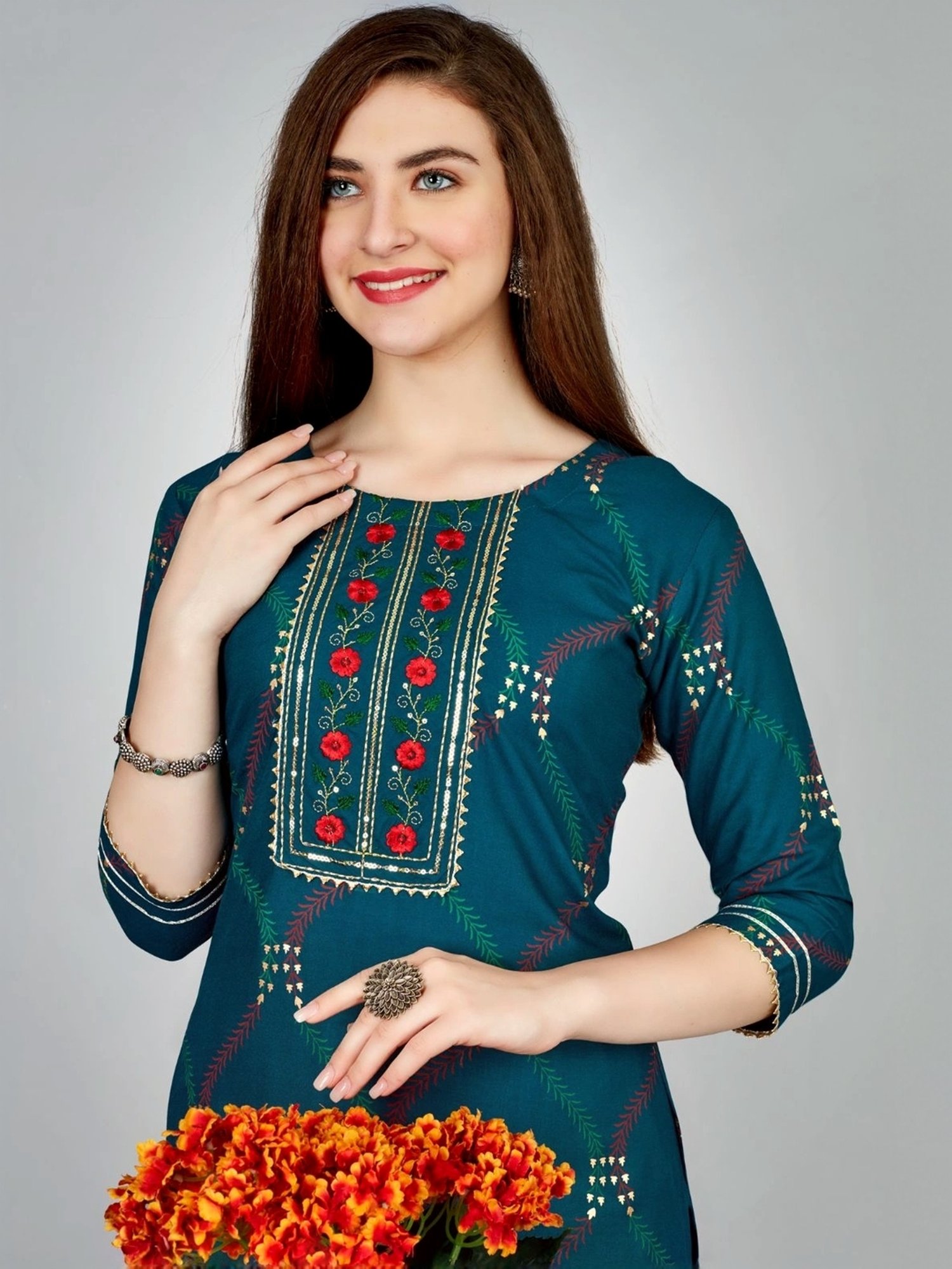 Odette Blue Embroidered Kurta Pant Set
