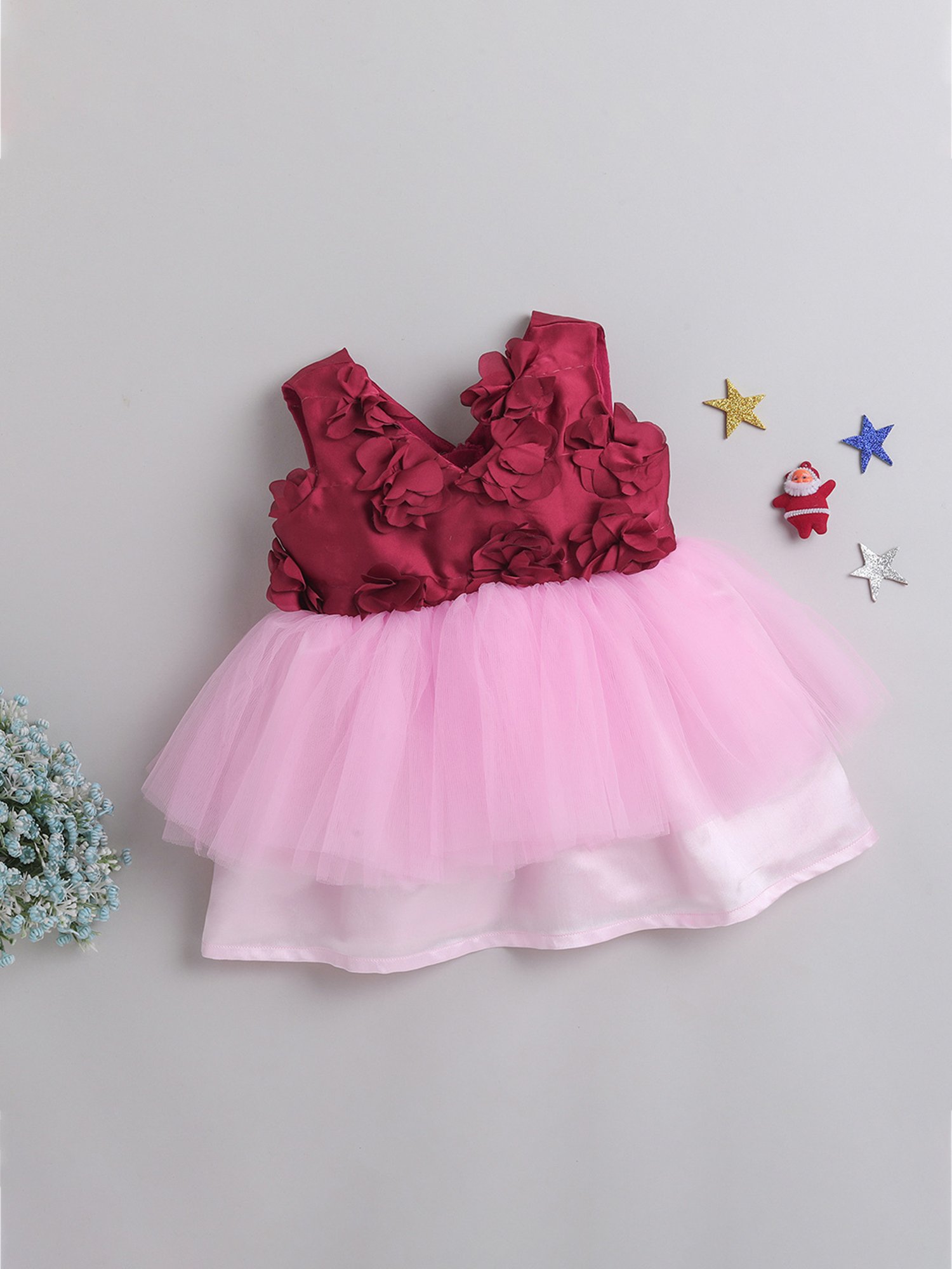 Many Frocks Kids Maroon & Pink Applique Dress