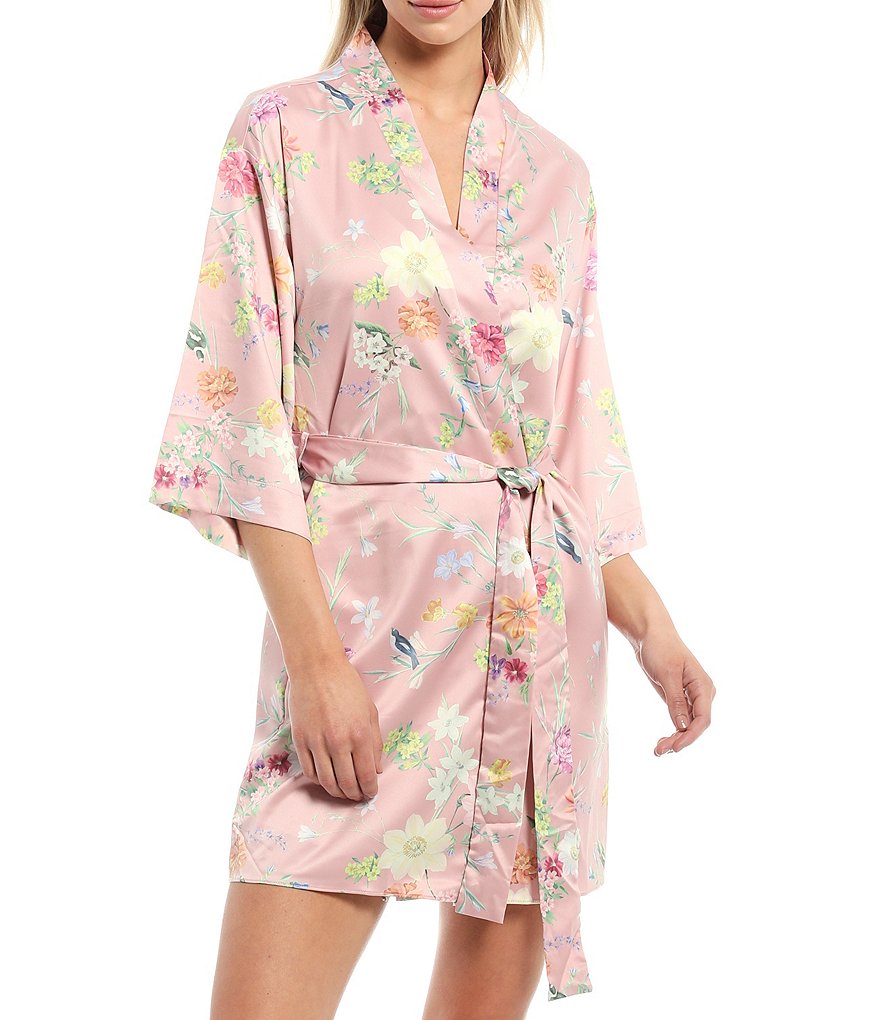Flora Nikrooz Floral Printed Charmeuse Short Wrap Robe