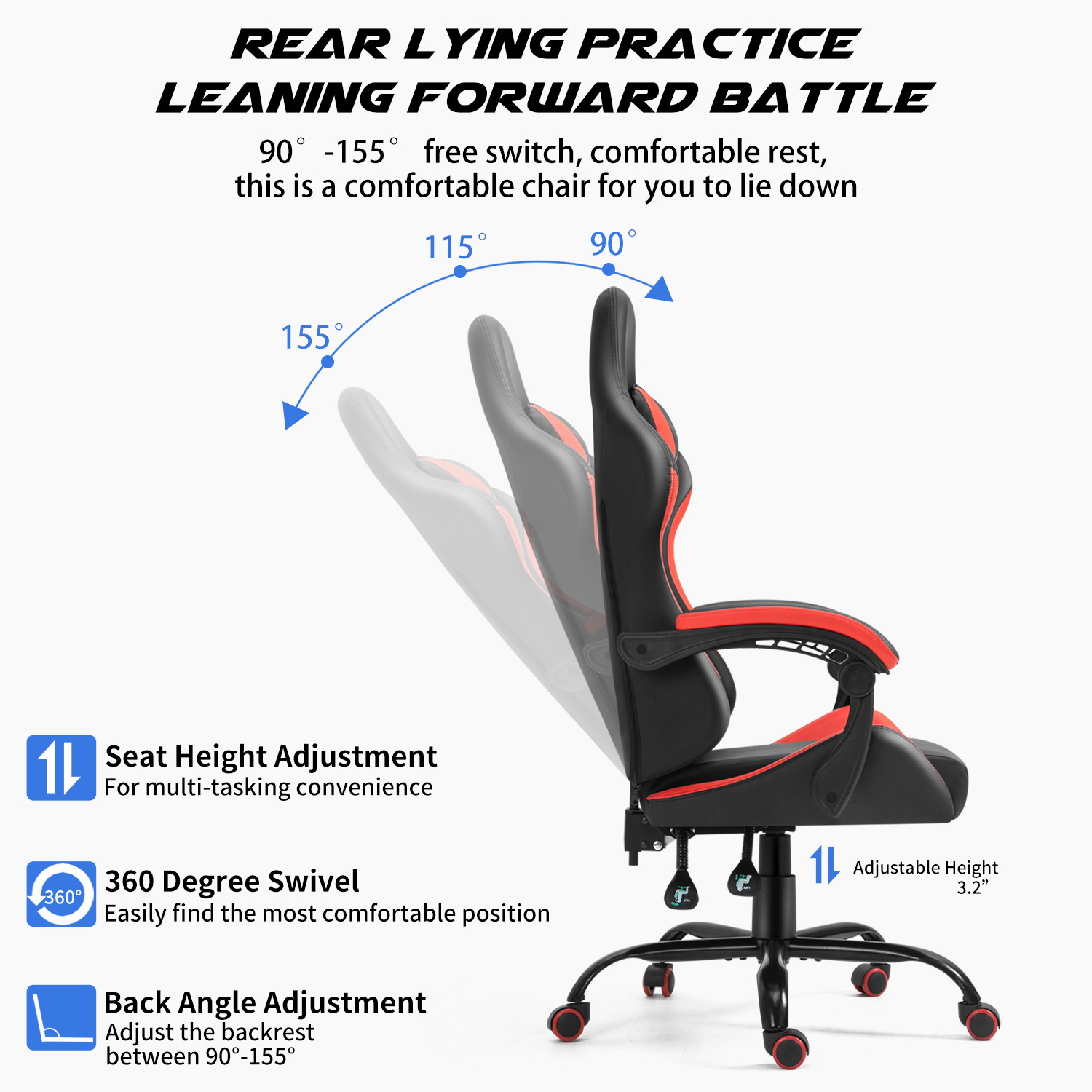 Gaming Chair, Racing Style Computer Desk Chair Padded Armrests Ergonomic Lumbar Support Adjustable Height