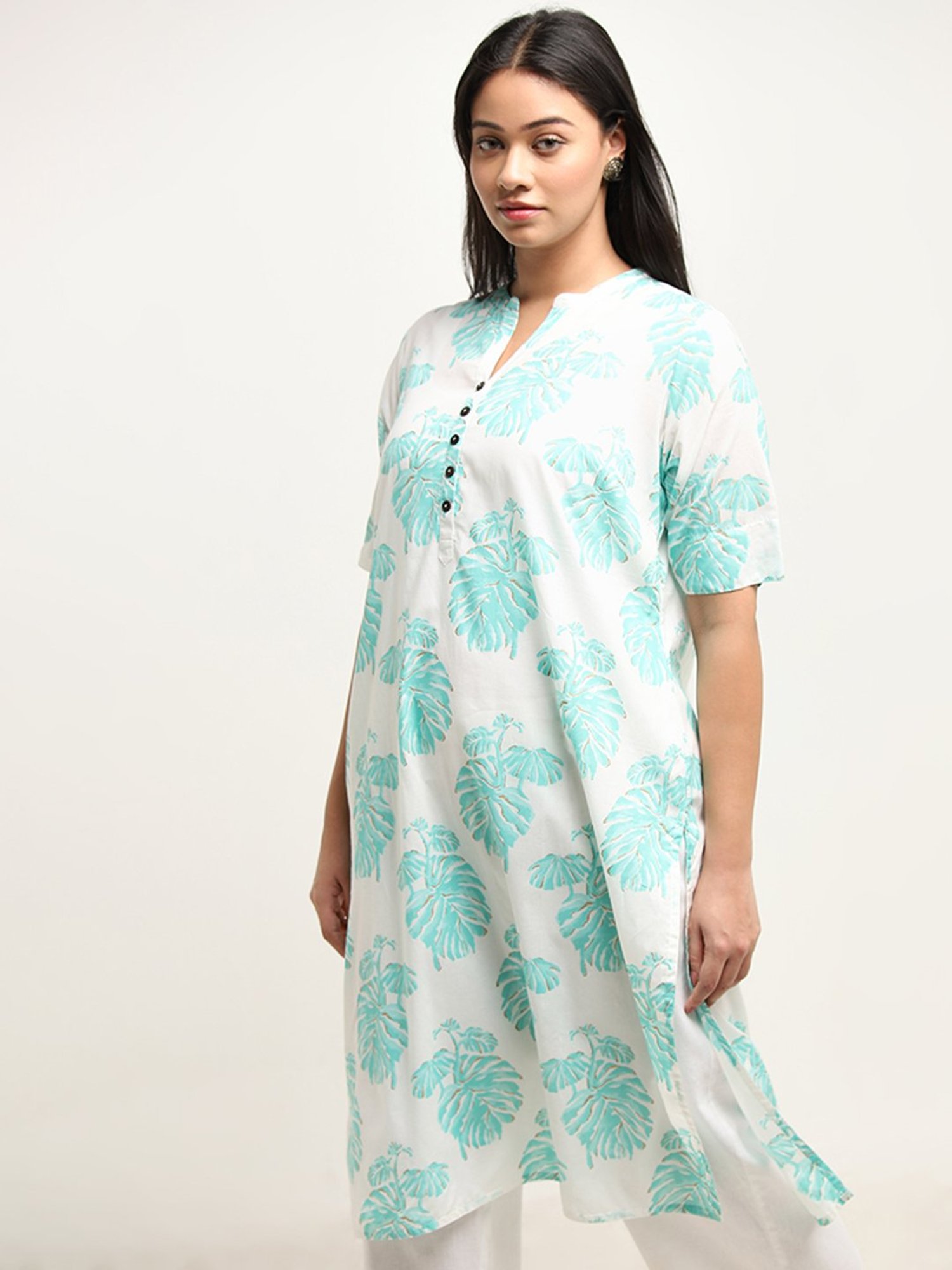Diza by Westside Turquoise Leaf Printed Straight Cotton Kurta