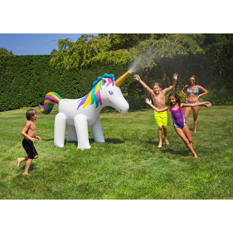 Swimline Humongous 6 Foot Tall Inflatable Magic Unicorn Kid's Outdoor Yard Water Sprinkler Toy with Integrated Eyelets & Ground Stakes, White/Rainbow