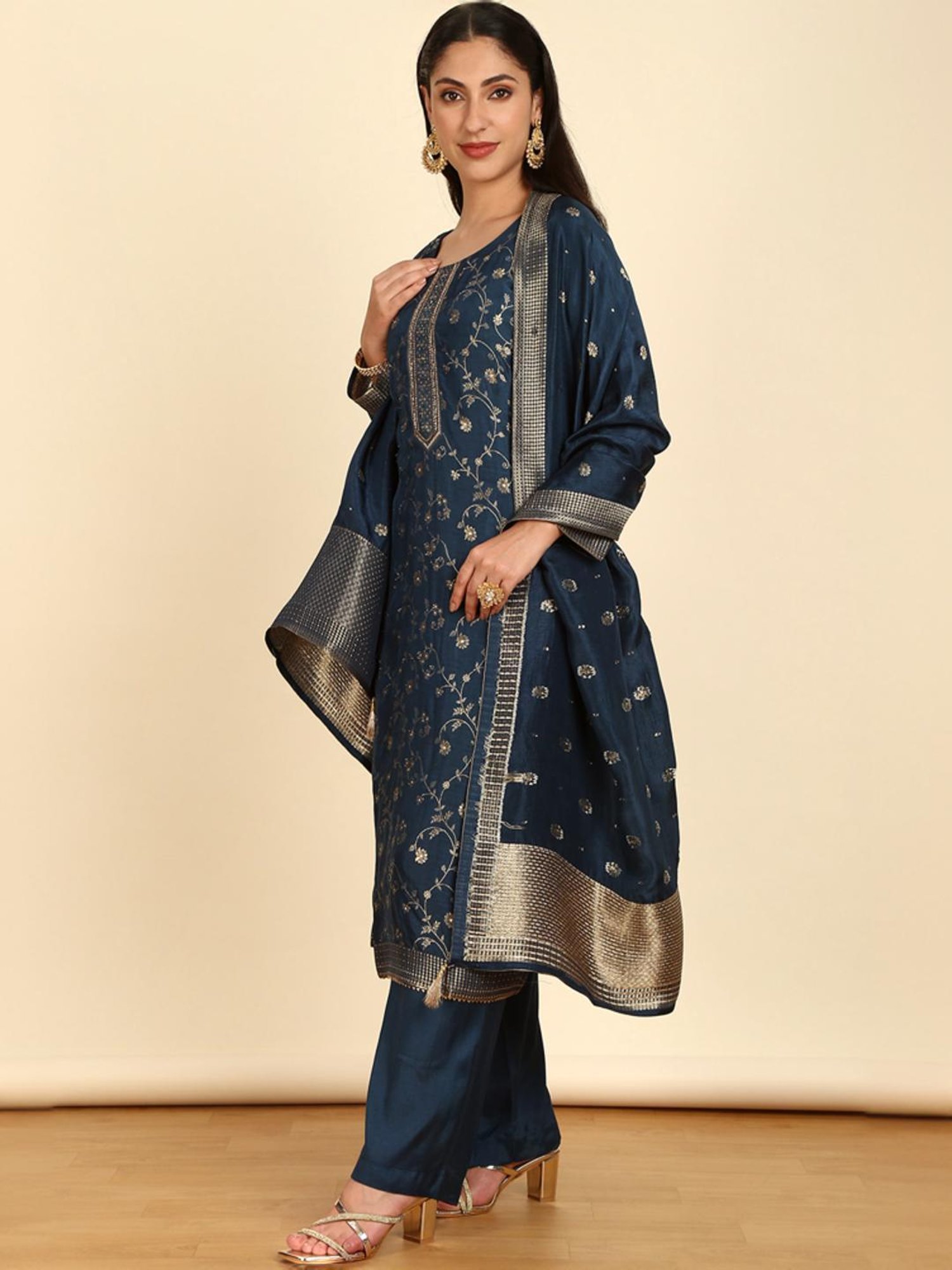 Soch Womens Navy Blue Silk Blend Zari Woven Unstitch Dress Material With Mirror & Cutdana
