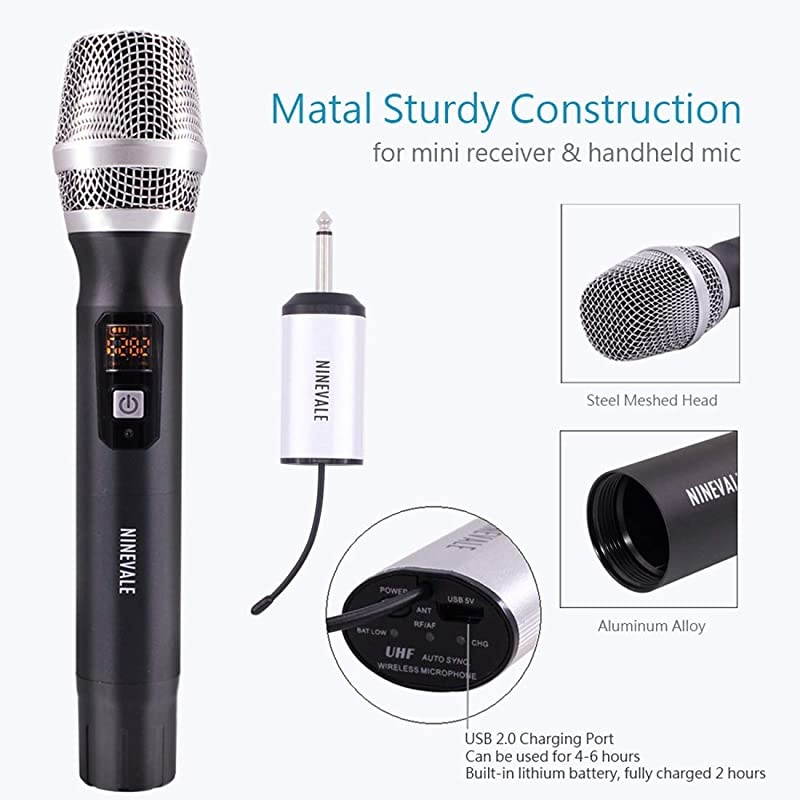 Wireless Microphones UHF  25 Dual Channel Metal Handheld Dynamic Microphone with Mini Receiver Ideal for ChurchKaraokeHome PartyClassroomPresentationWedding Black 2 x Handheld