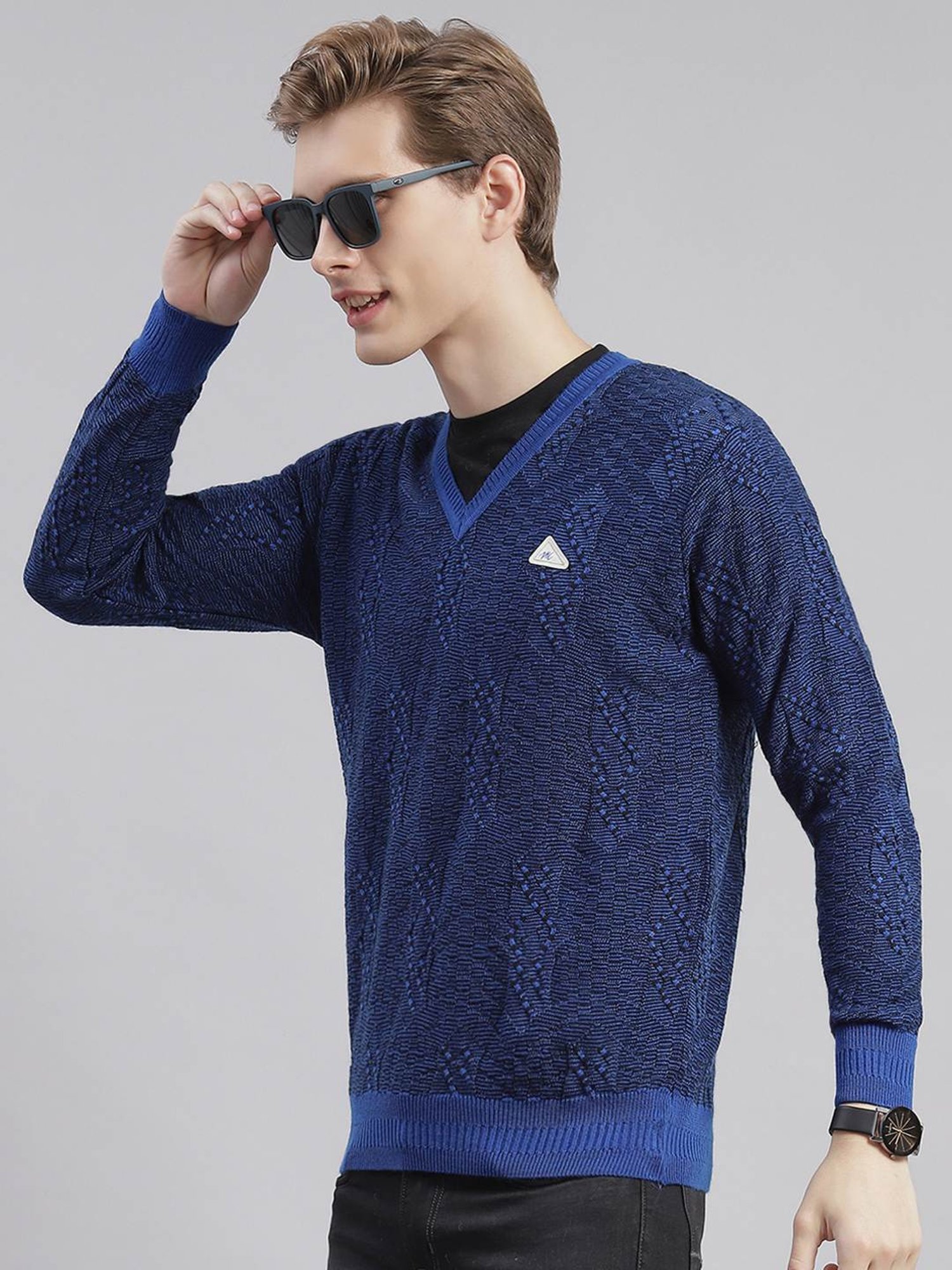 Monte Carlo Royal Blue Regular Fit Self Pattern Sweater
