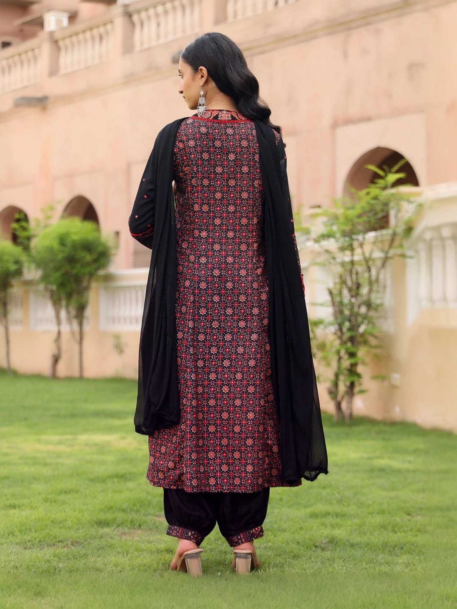 Juniper Black Cotton Embroidered Kurta Pant Set With Dupatta
