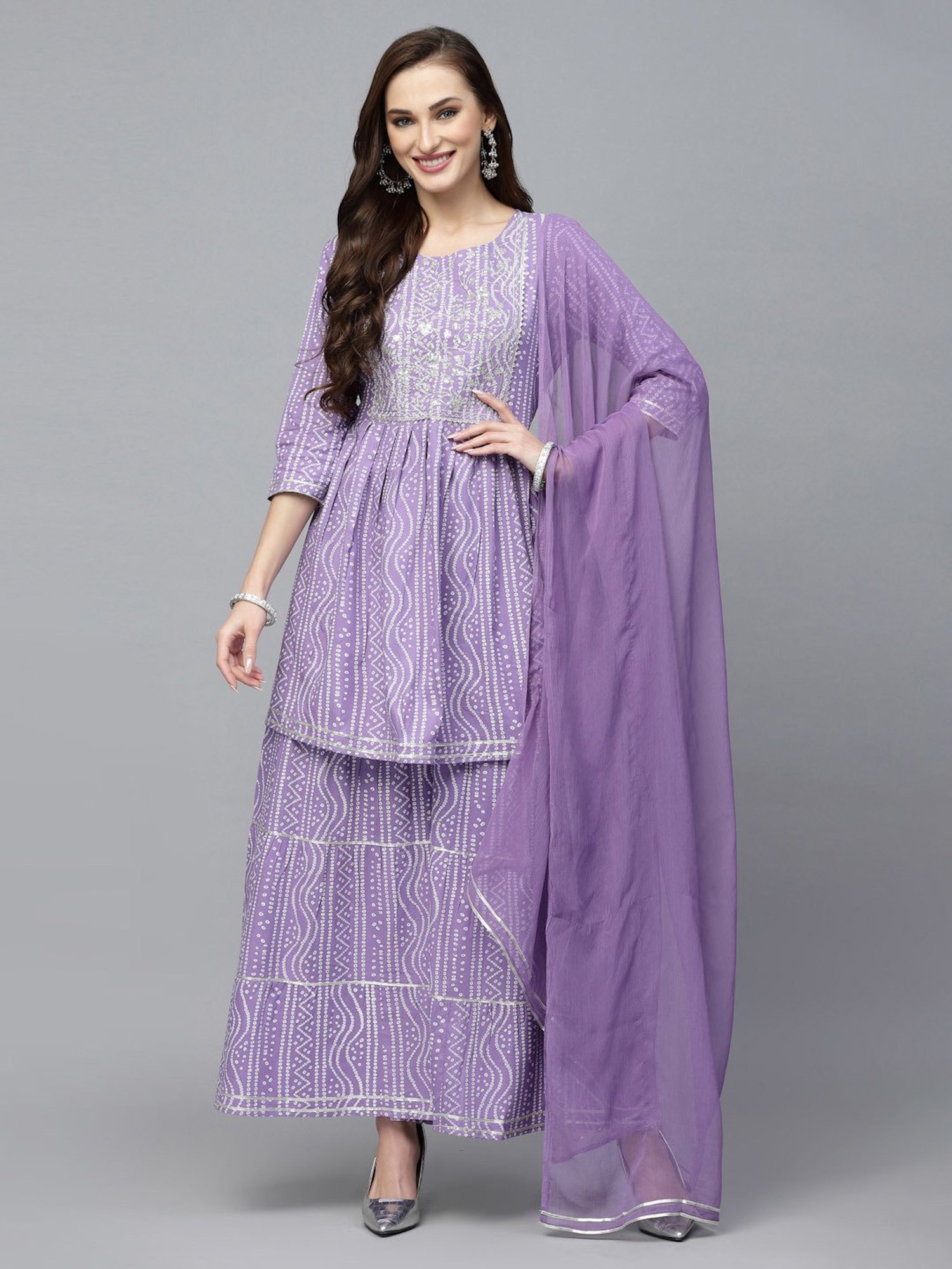 Stylum Purple Bandhani Print Kurti Sharara Set With Dupatta