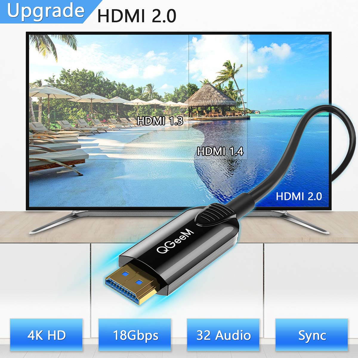 Fiber Optic HDMI Cable 50ft,QGeeM 4K 60Hz HDMI Cable High Speed 18Gbps HDMI 2.0 Black Cable,Zinc Alloy Case 15M, HDMI AOC Cable (16ft)