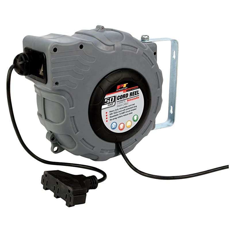 Tool W2273 50ft 16 Gauge Retractable Cord Reel with Guided Return Install On Ceiling Wall Floor or Workbench