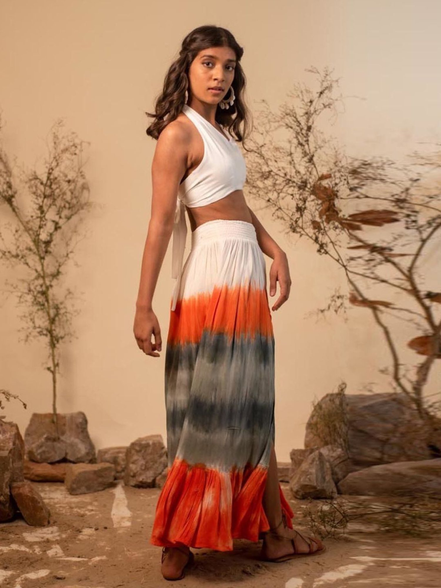 LABEL REYYA White Halter Neck Top And Tie-dye Skirt Co-ord Set (Set Of 2)