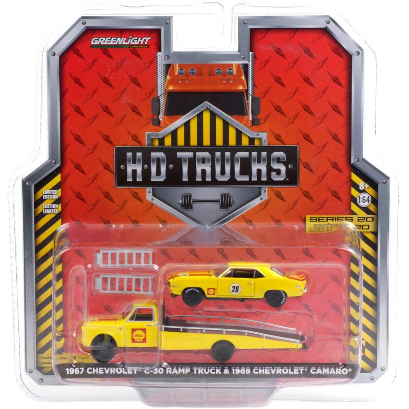 1967 Chevrolet C-30 Ramp Truck & 1969 Chevrolet Camaro #28 "Shell" Yellow w/Red Stripes 1/64 Diecast Model Cars by Greenlight