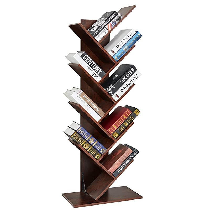 9Shelf Tree Bookshelf Floor Standing Tree Bookcase in Living RoomHomeOffice Bookshelves Storage Rack for CDsMoviesBooks Walnut Brown
