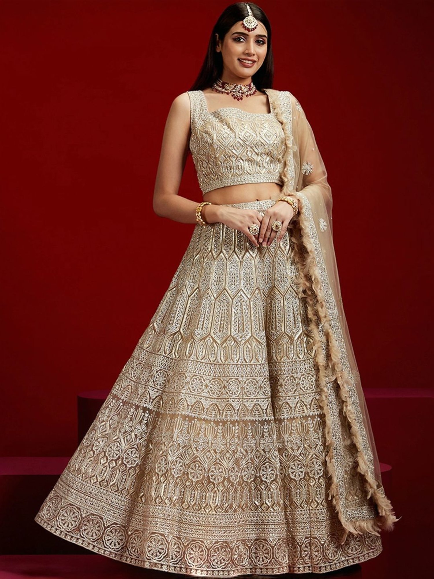 Silk Land Beige & Blue Woven Pattern Semi Stitched Lehenga Choli Set With Duppata