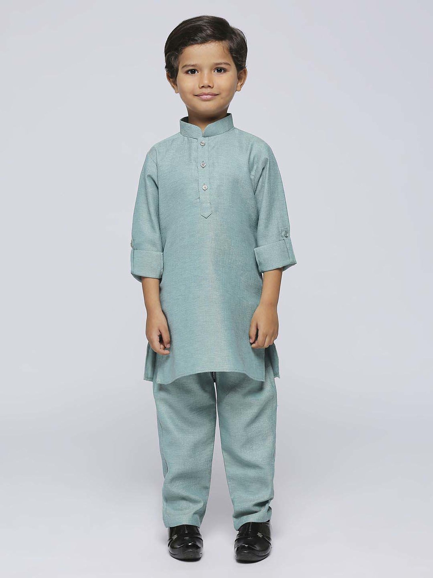 Kids Island Boys Green Jacquard Full Sleeves Kurta Set