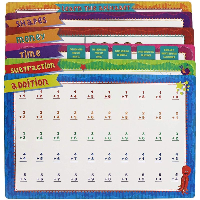 Juvale 6-Pack Double Sided Dry Erase Learning Mats Boards - Math, Time, Money, Shapes, 17 x 11 in