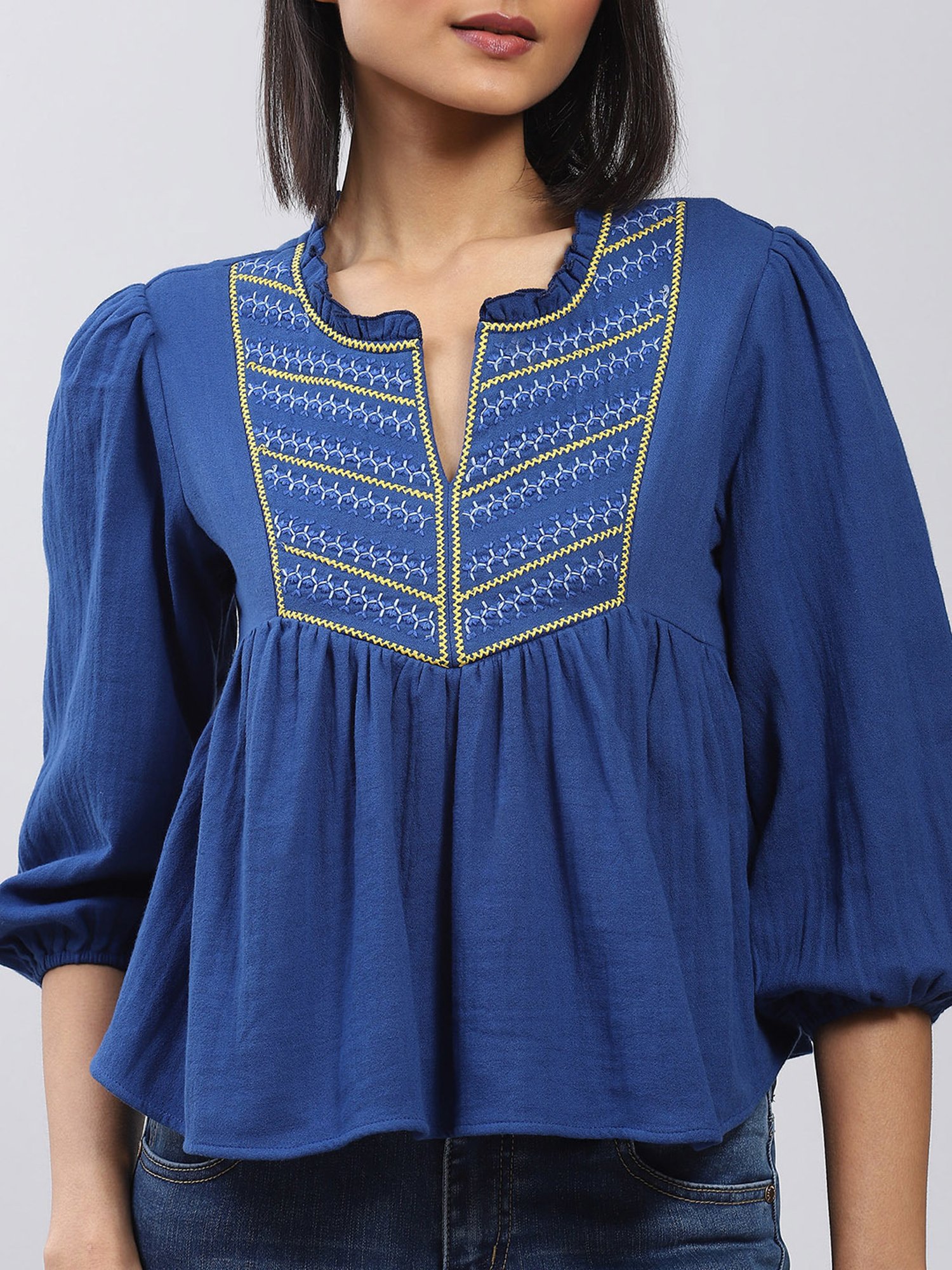 Label Ritu Kumar Blue Embroidered Top