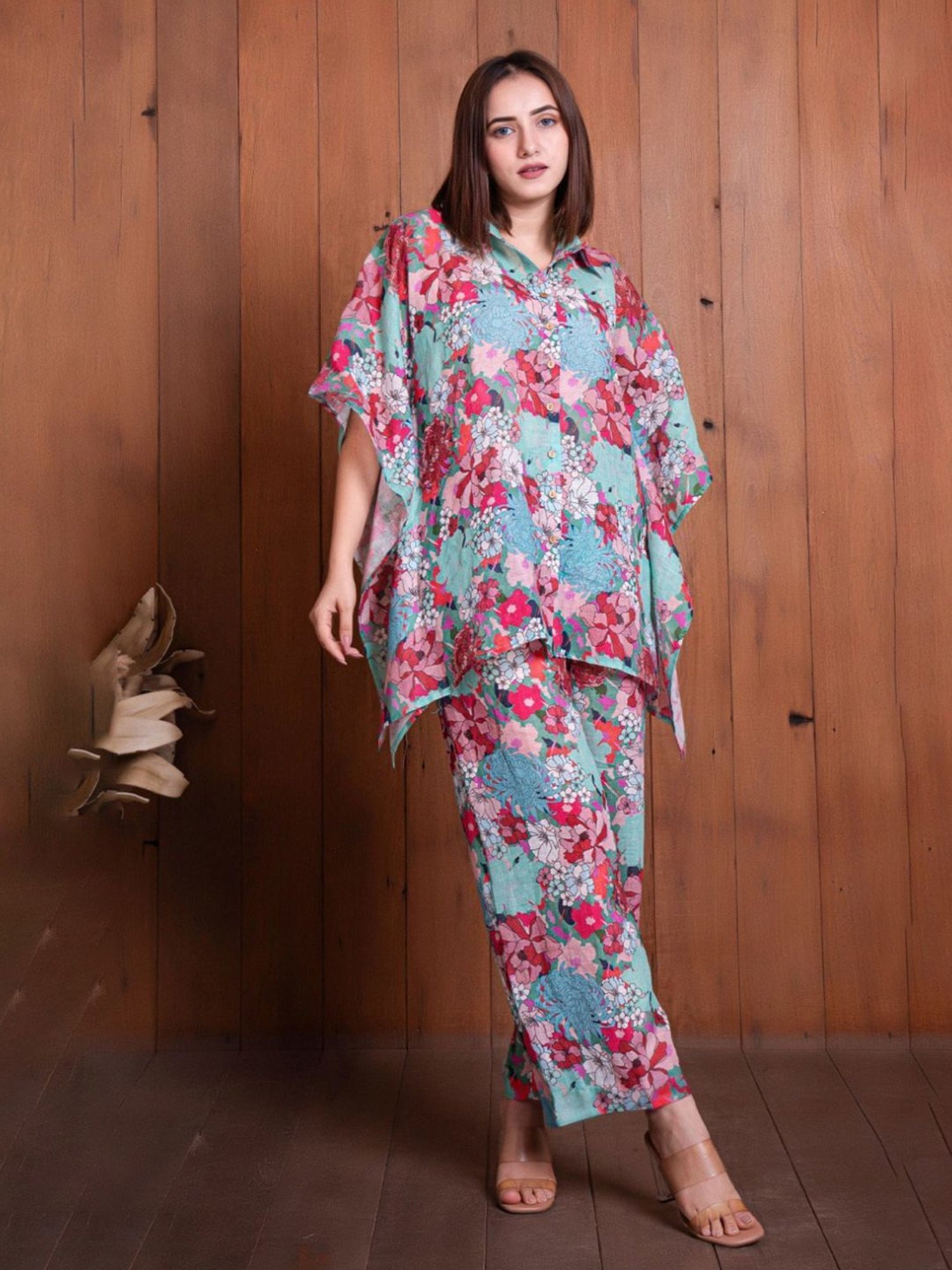 Eeshva India Multicolored Floral Illusion Linen Kaftan Style Shirt with Pant