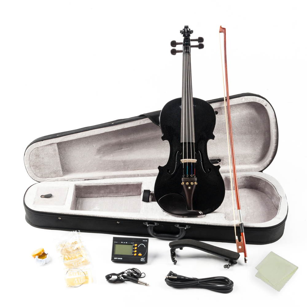 4/4 Full Size Solid Wood EQ Violin w/Shoulder Rest + Electronic Tuner + Strings