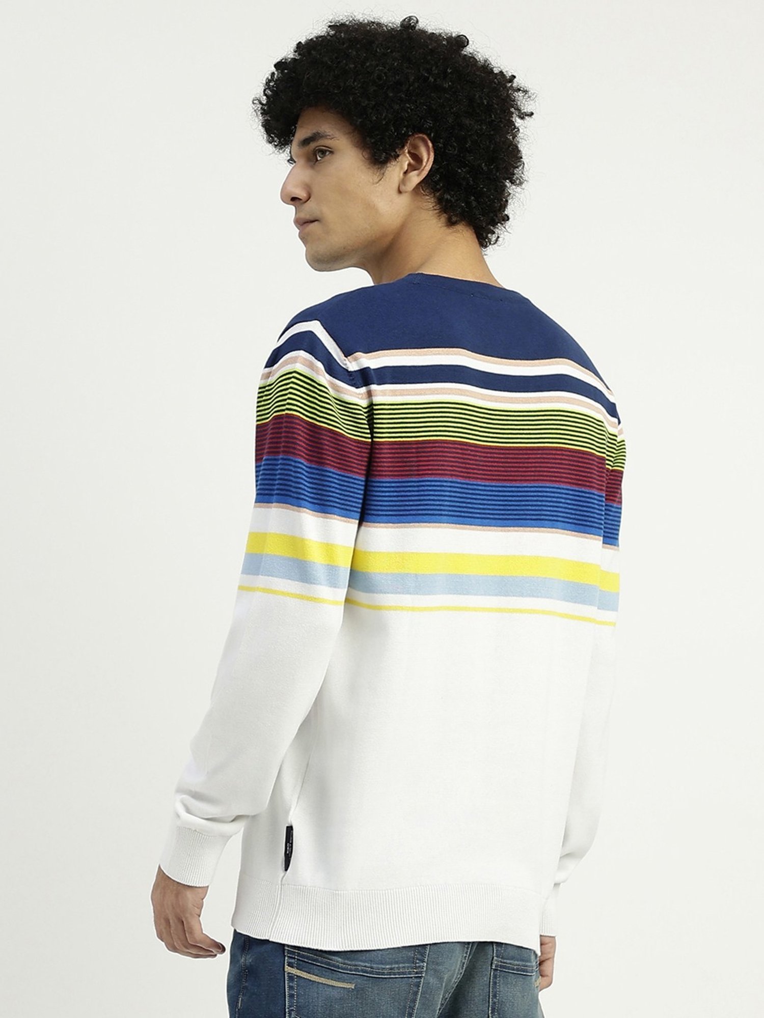 United Colors of Benetton White Pure Cotton Regular Fit Striped Sweater