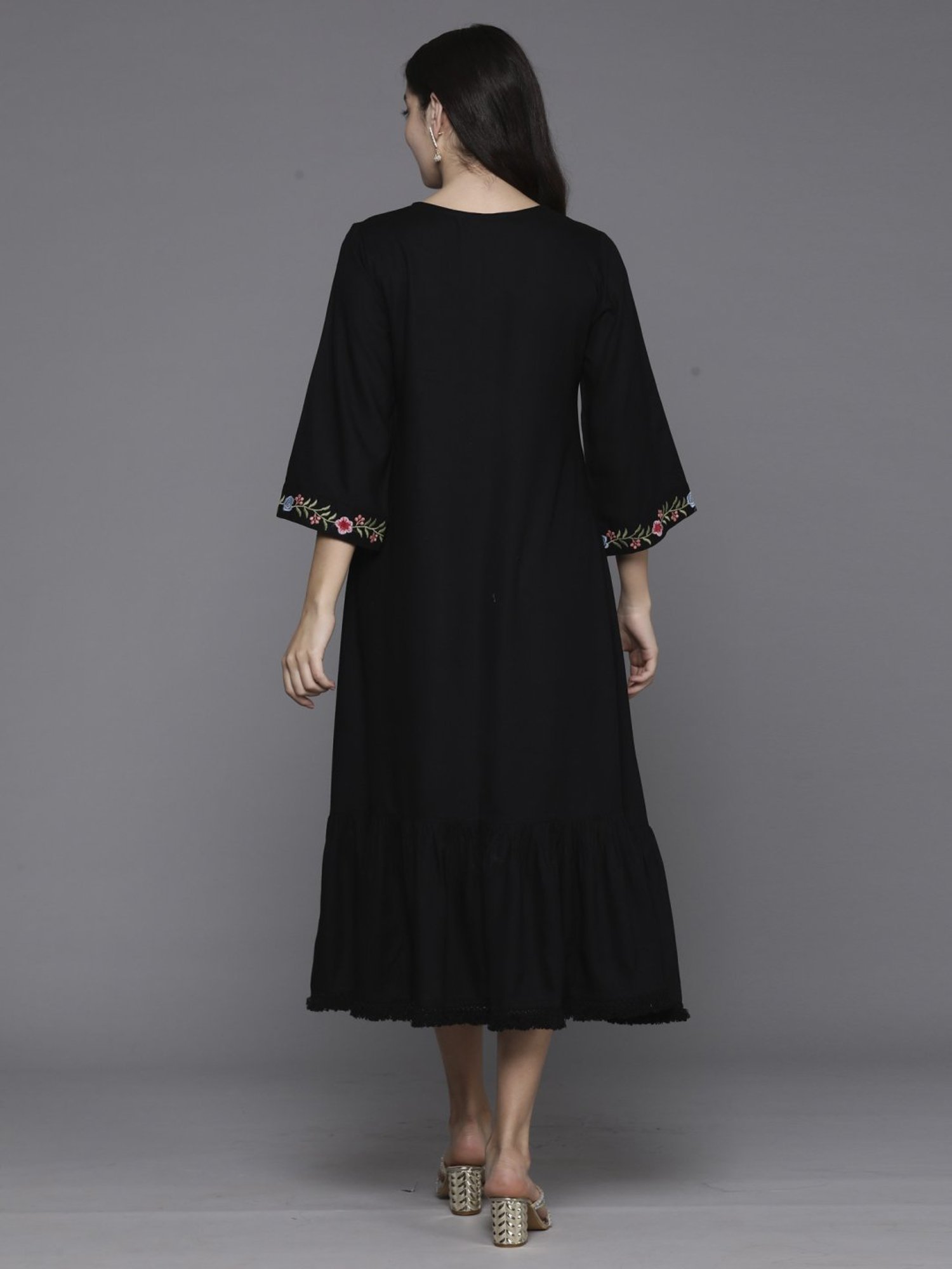Indo Era Black Embroidered A-Line Dress