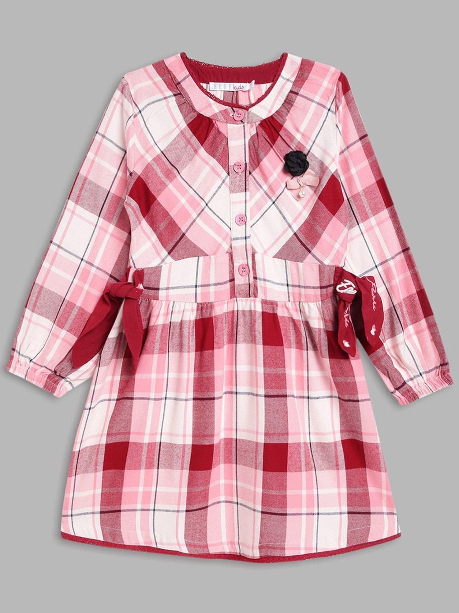 Elle Kids Pink & White Cotton Chequered Full Sleeves Dress