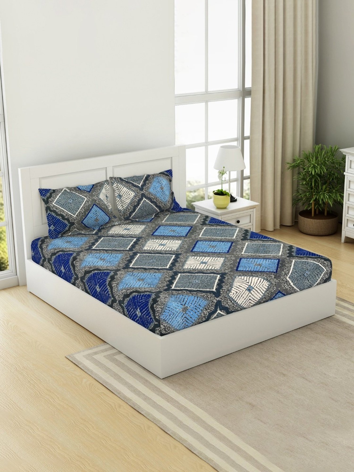 Welspun Block Print Navy Blue Microfiber Double Bedsheet with 2 Pillow Covers