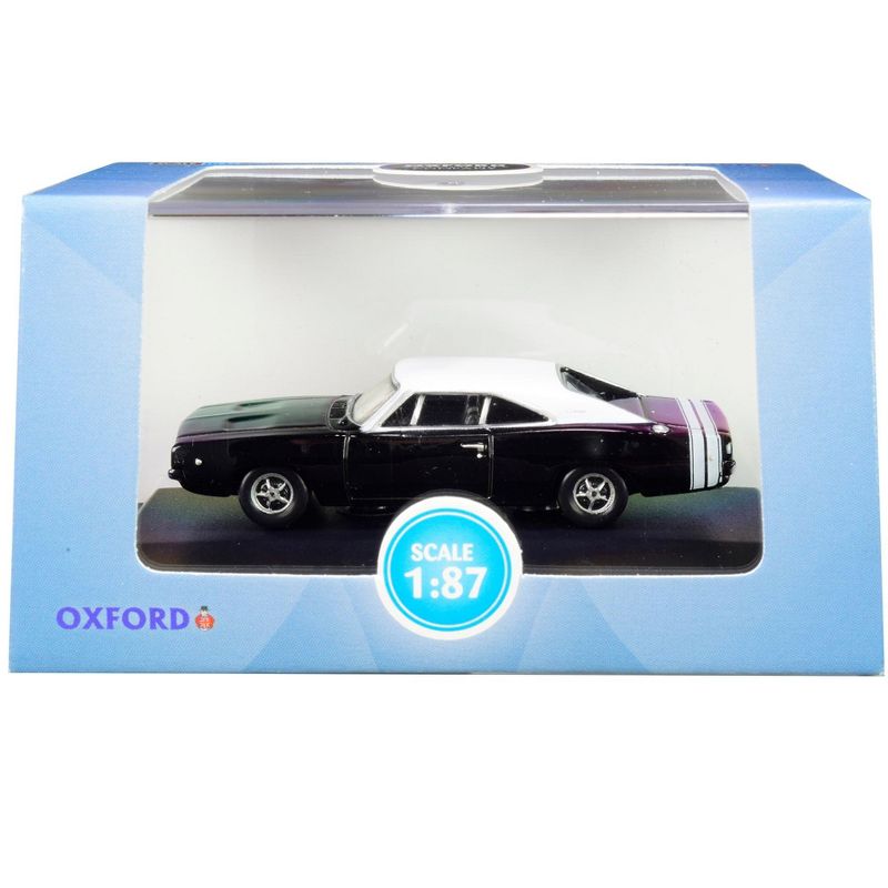 1968 Dodge Charger Black with White Top and White Stripes 1/87 (HO) Scale Diecast Model Car by Oxford Diecast