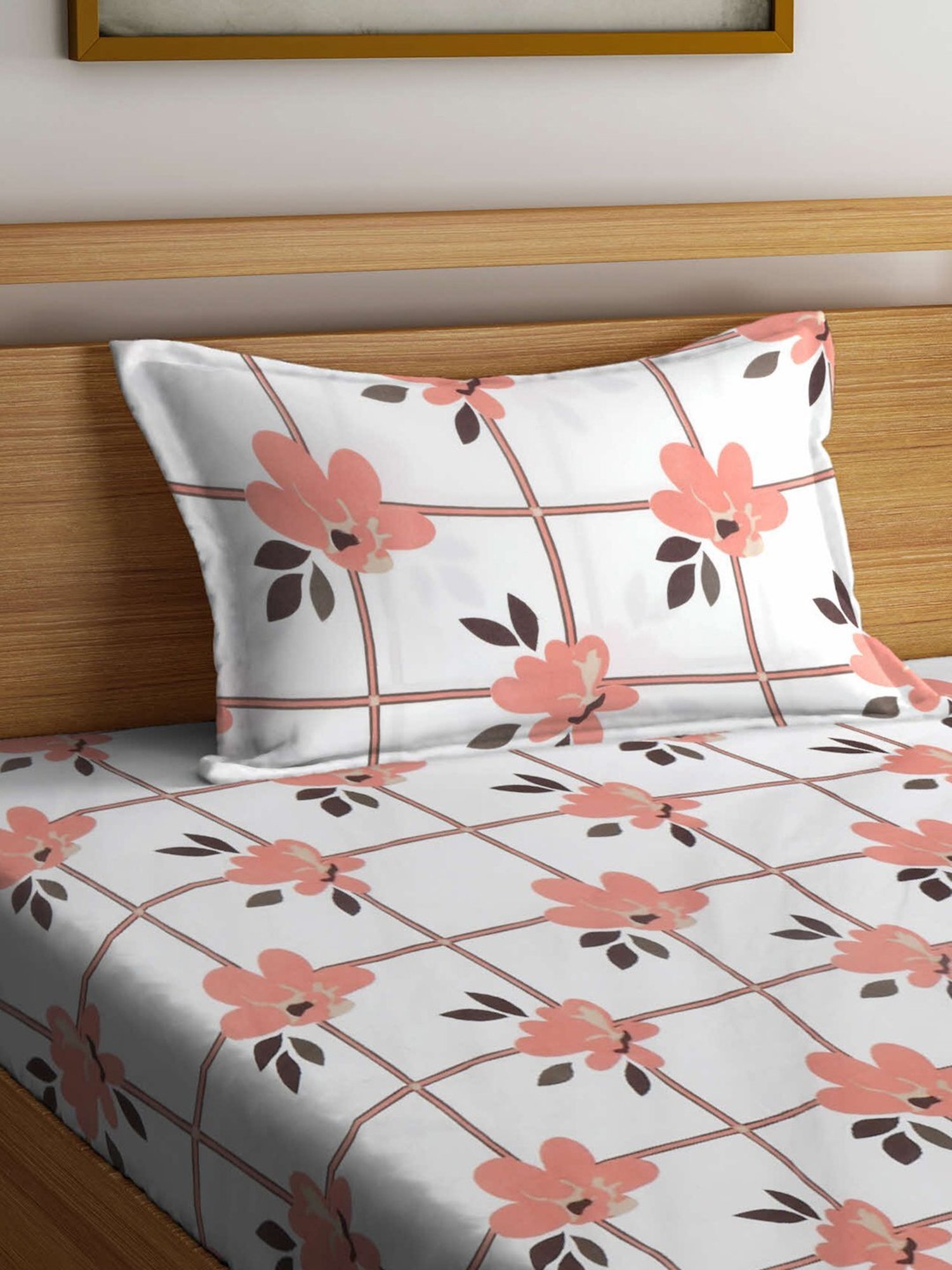Klotthe Floral Peach 300 TC Cotton Blend Single Bed Sheet with Pillow Cover