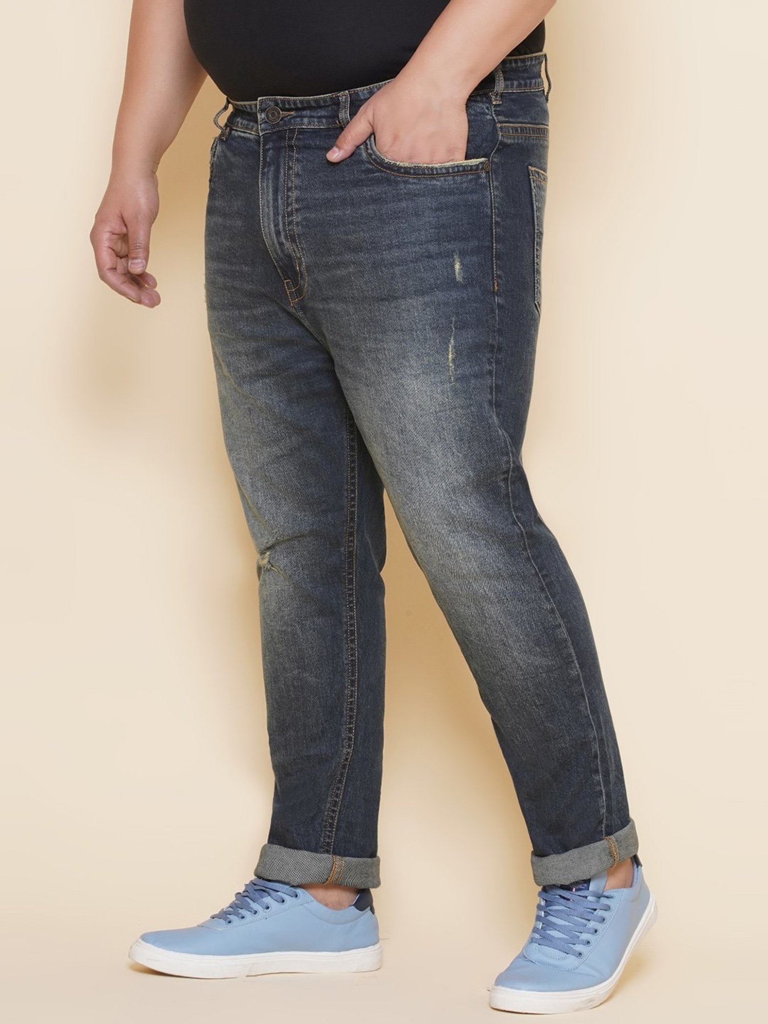 John Pride Blue Regular Fit Distressed Jeans