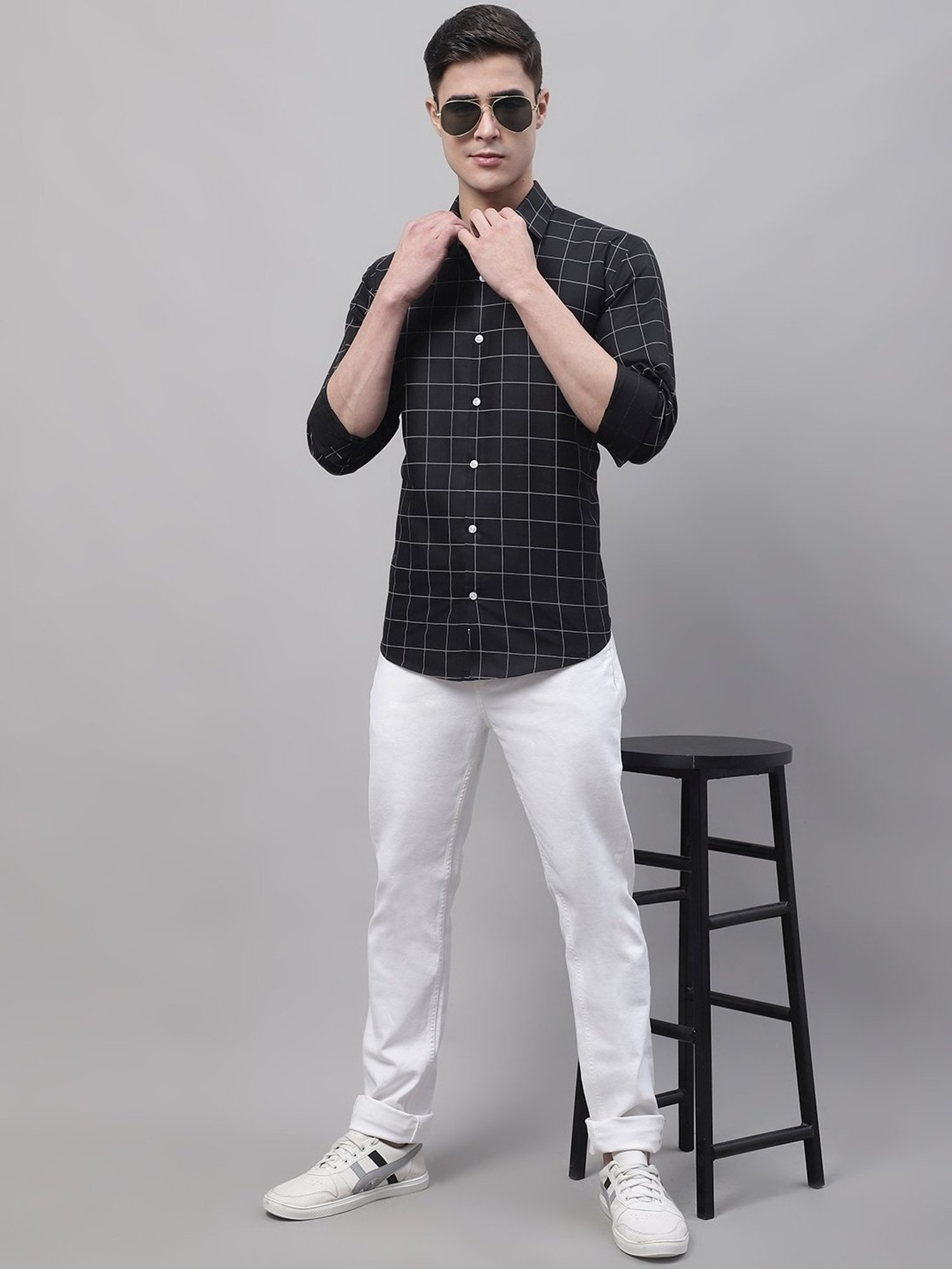 Jainish Black Cotton Regular Fit Checks Shirt