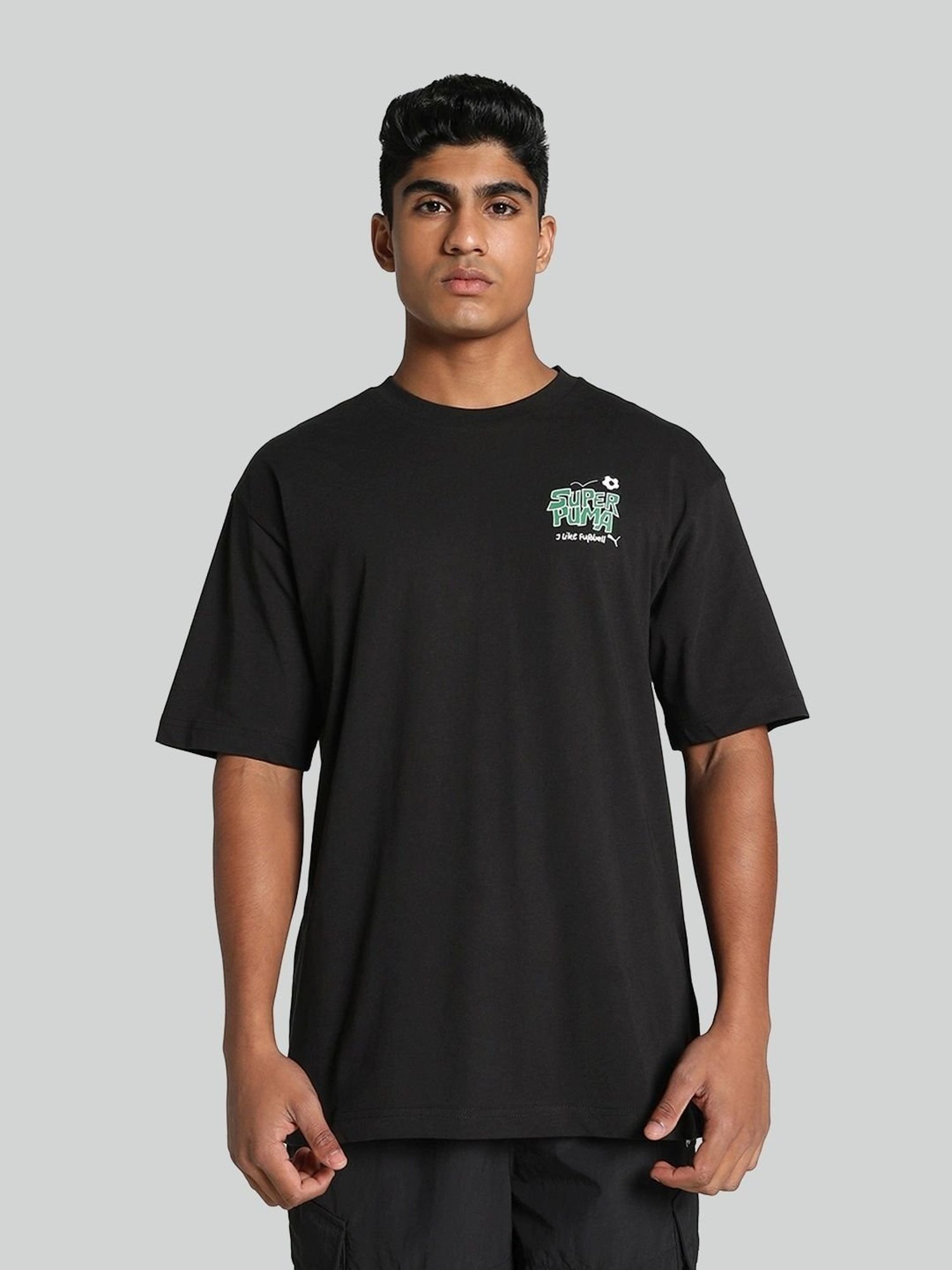 Puma Black Cotton Relaxed Fit Printed T-Shirt