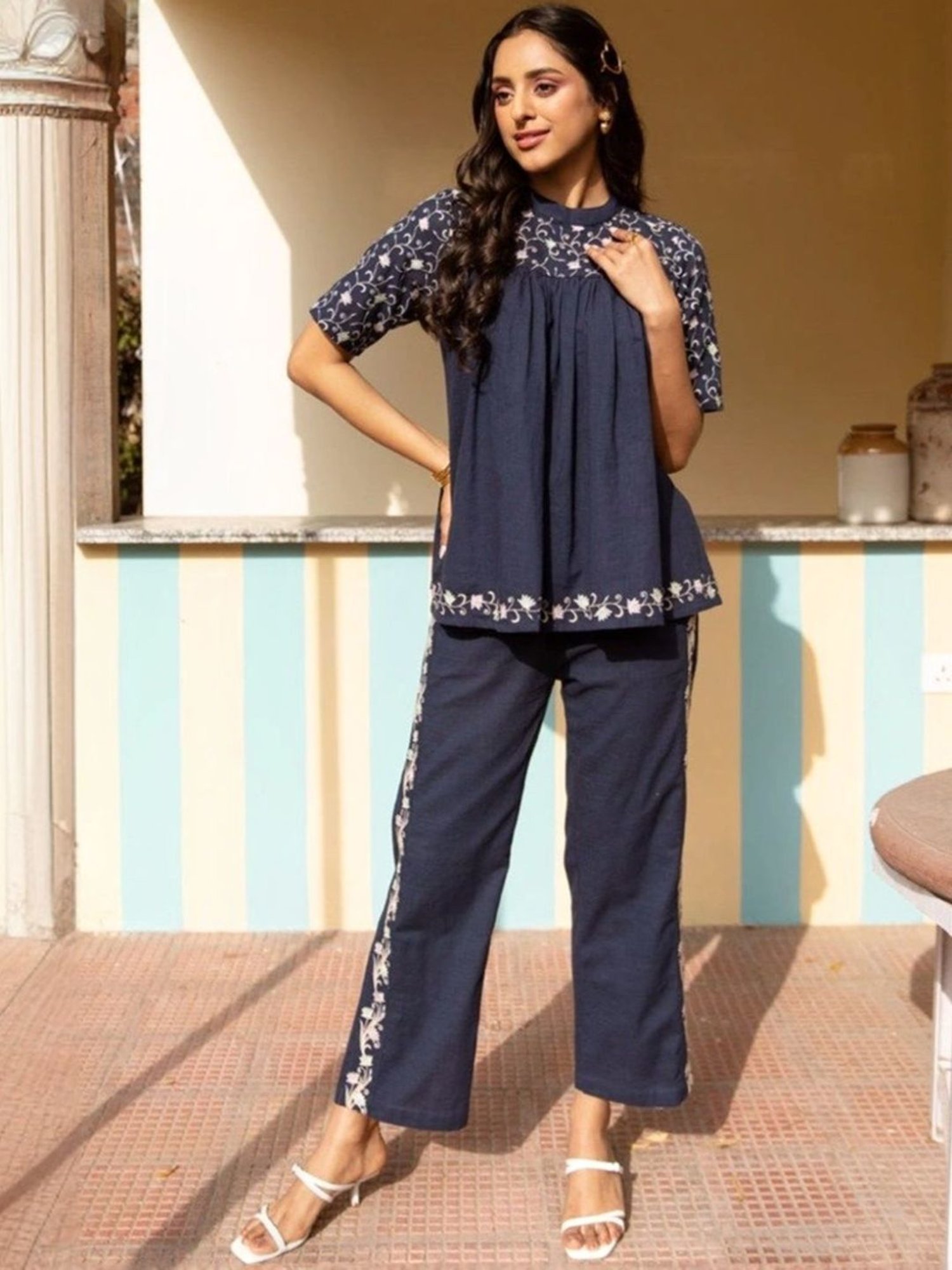 Autumnlane Blue Osho Azure Embroidery Cotton Tunic with Pant Co-ord Set