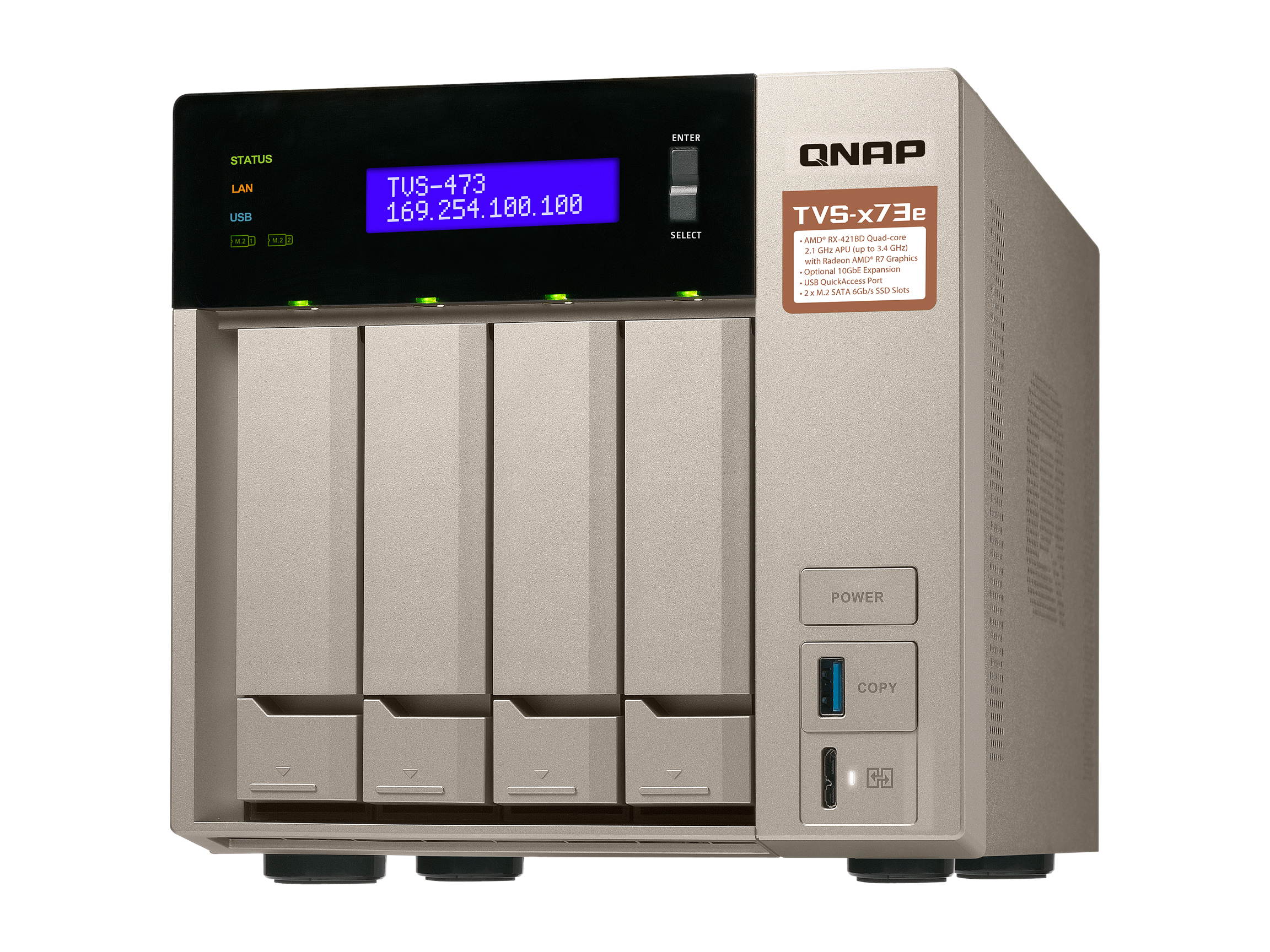 Qnap 4-bay NAS/iSCSI IP-SAN, AMD R series Quad-core 2.1GHz, 4GB RAM, 10G-ready (TVS-473e-4G-US)