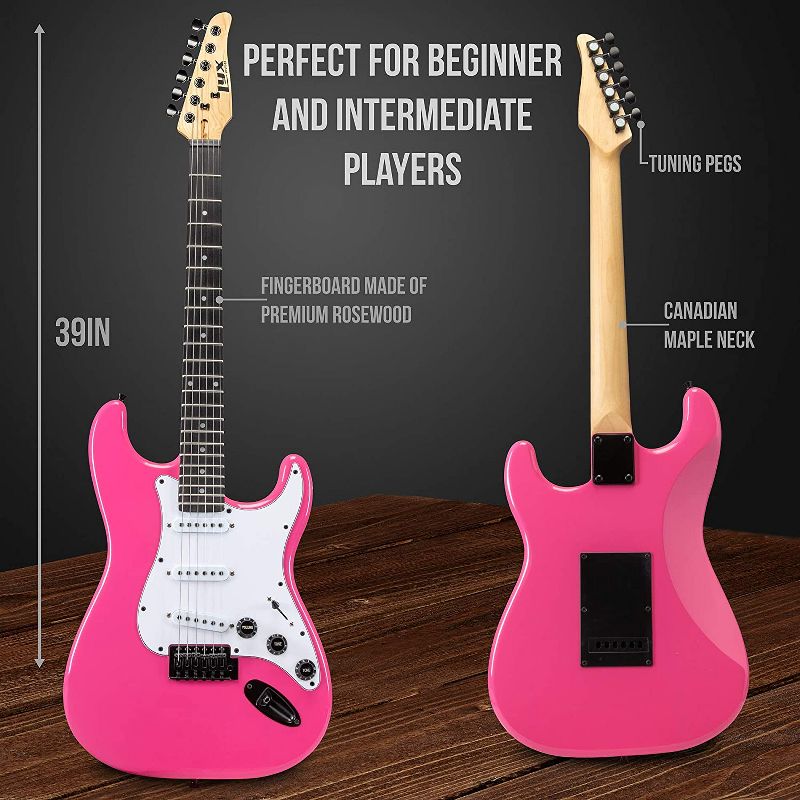 LyxPro 39'' inch Full Size Electric Guitar with 20w Amp, Package Includes All Accessories, Digital Tuner, Strings, Picks, Tremolo Bar, Shoulder Strap, and Case Bag Complete Beginner Starter kit - Pink