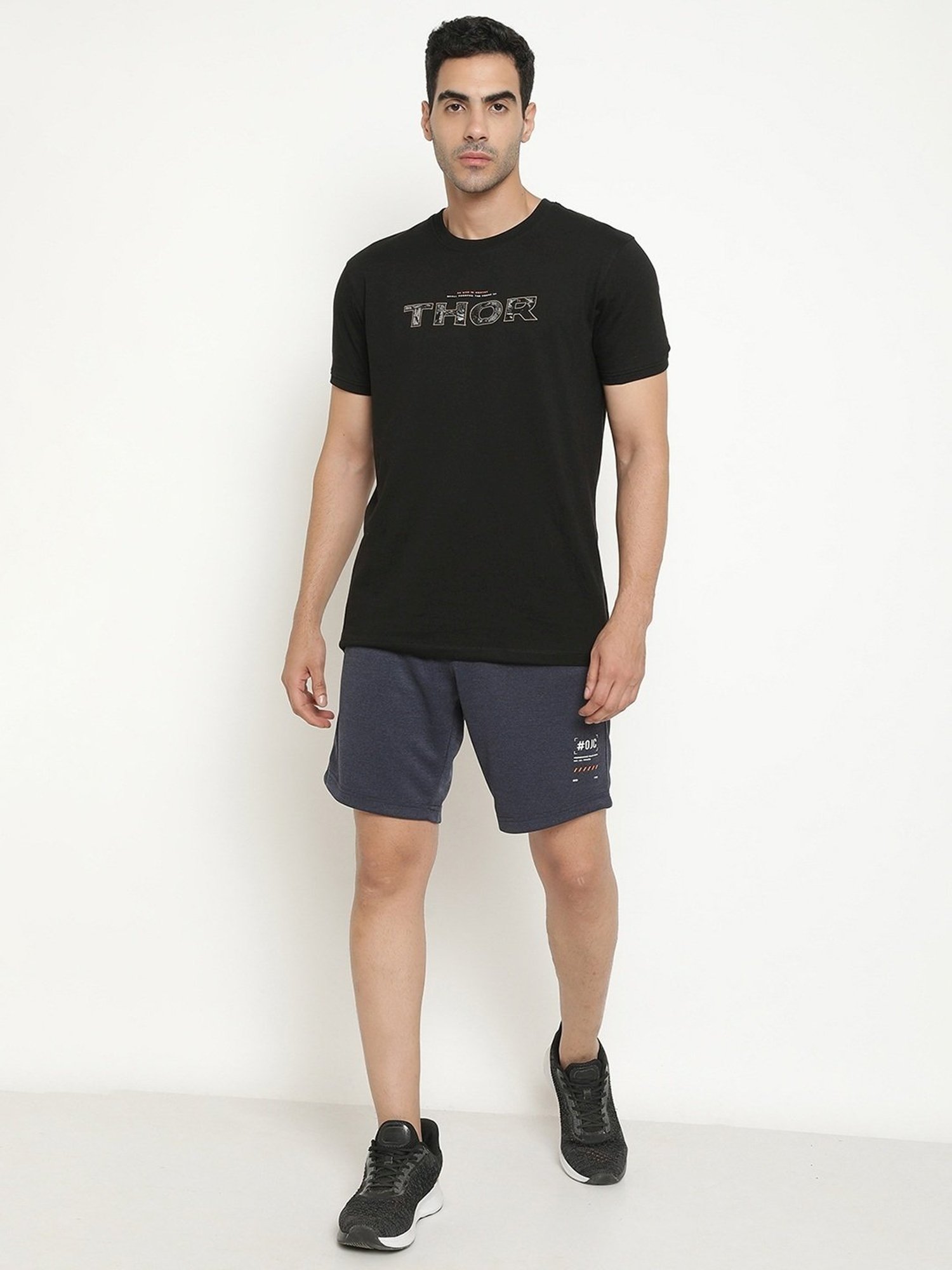 Octave Navy Melange Cotton Regular Fit Printed Shorts