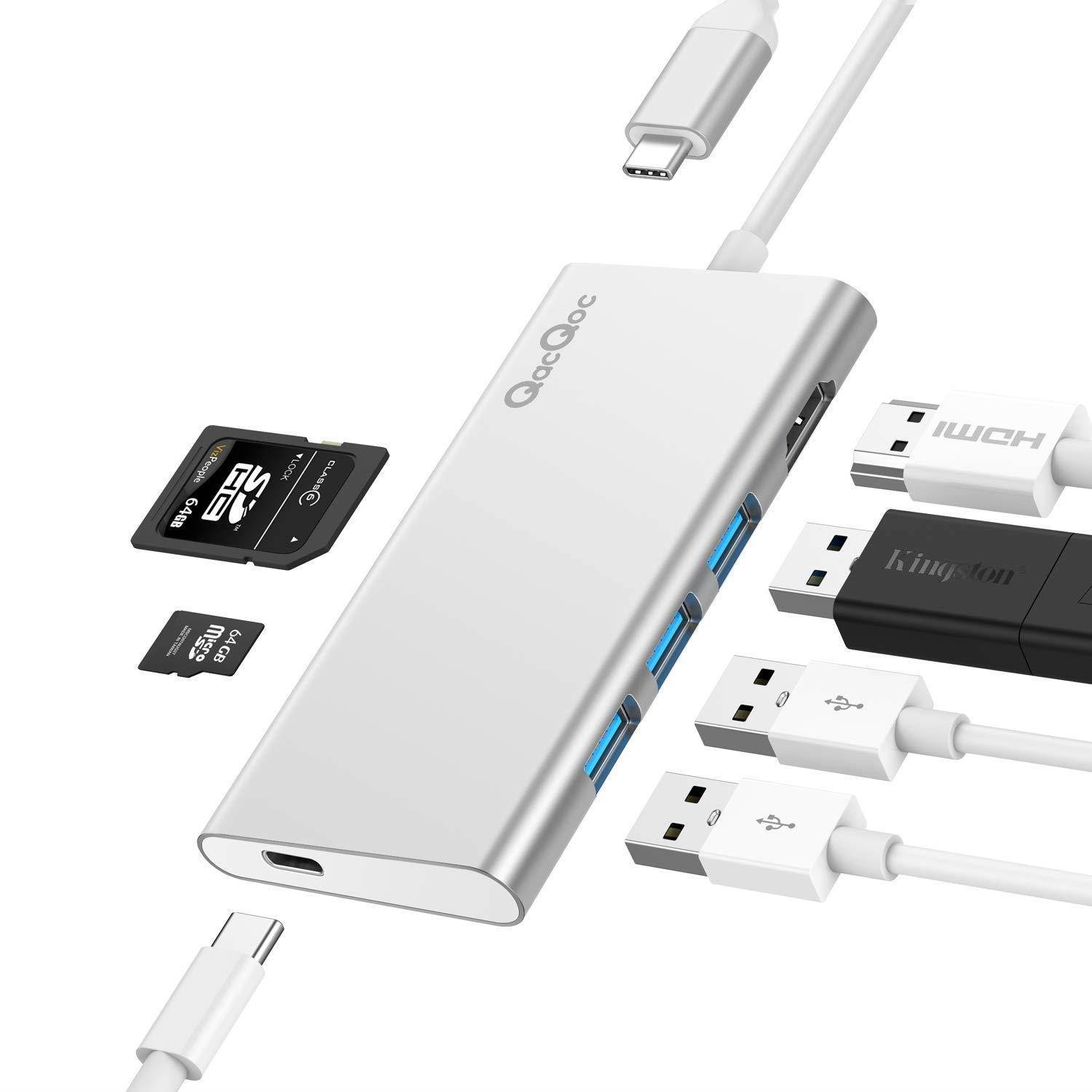 USB C Hub QacQoc 7-in-1 Type C Hub with PD Power Delivery, 4K USB C to HDMI, SD Card Reader, 3 USB 3.0 Ports for MacBook Pro and Type C Windows Laptops(Silver)