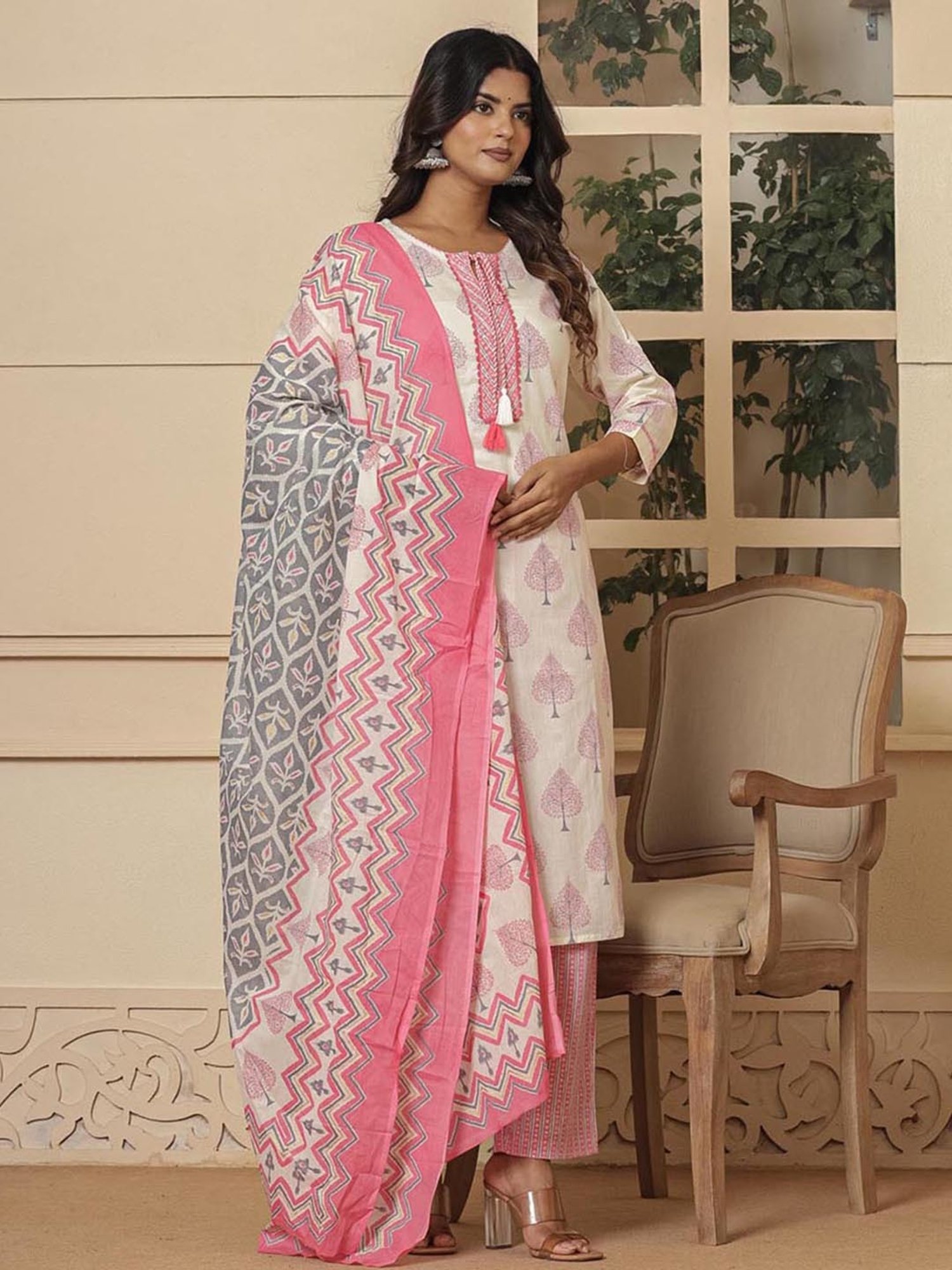 Yufta White & Pink Cotton Printed Kurta & Pant Set with Dupatta