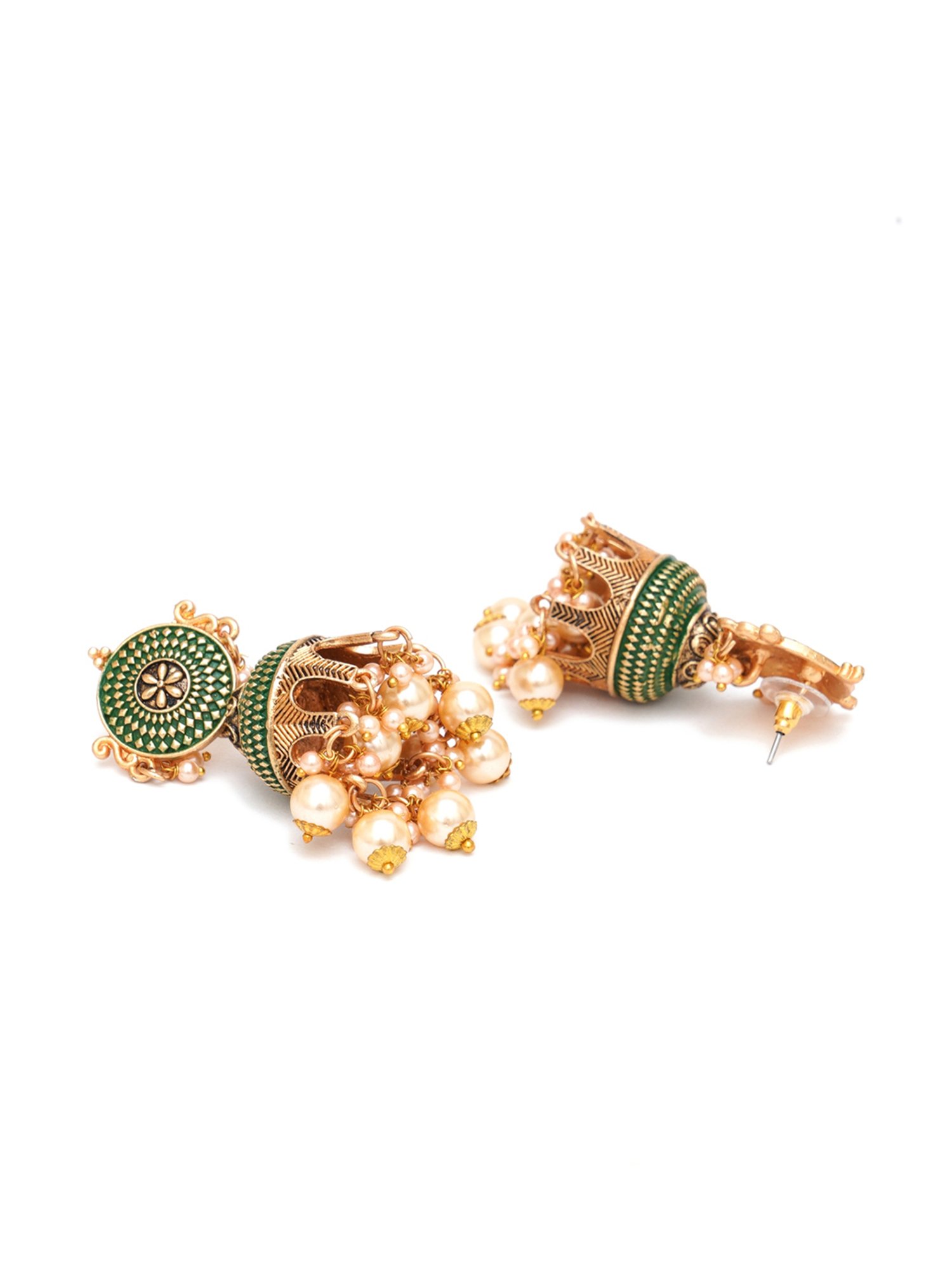 Karatcart Antique Gold-Plated Green Tomb Style Jhumki Earrings with Golden Pearl for Women