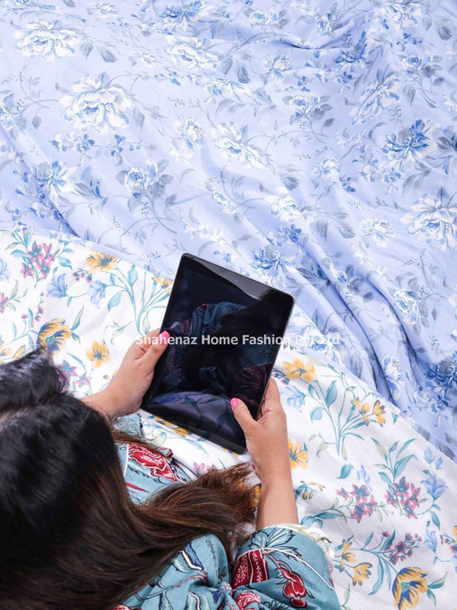 Shahenaz  Floral Blue Cotton Single Reversible Dohar