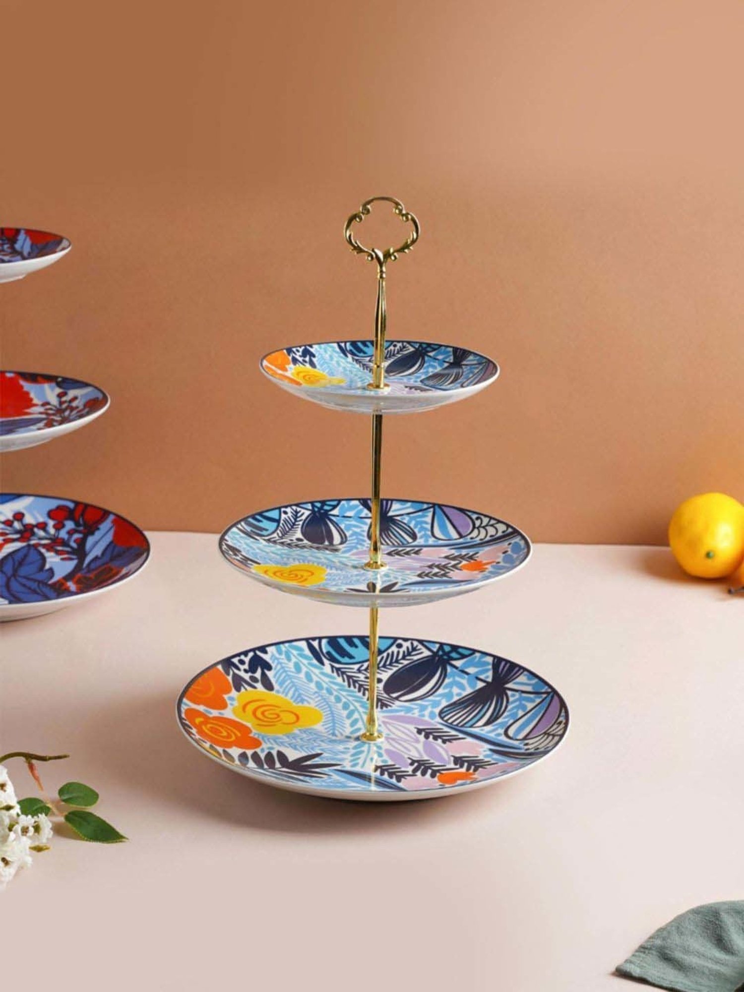 Nestasia Spring Printed Multicolor ceramic 3-Tier Dessert Display Stand for Serving cupcakes