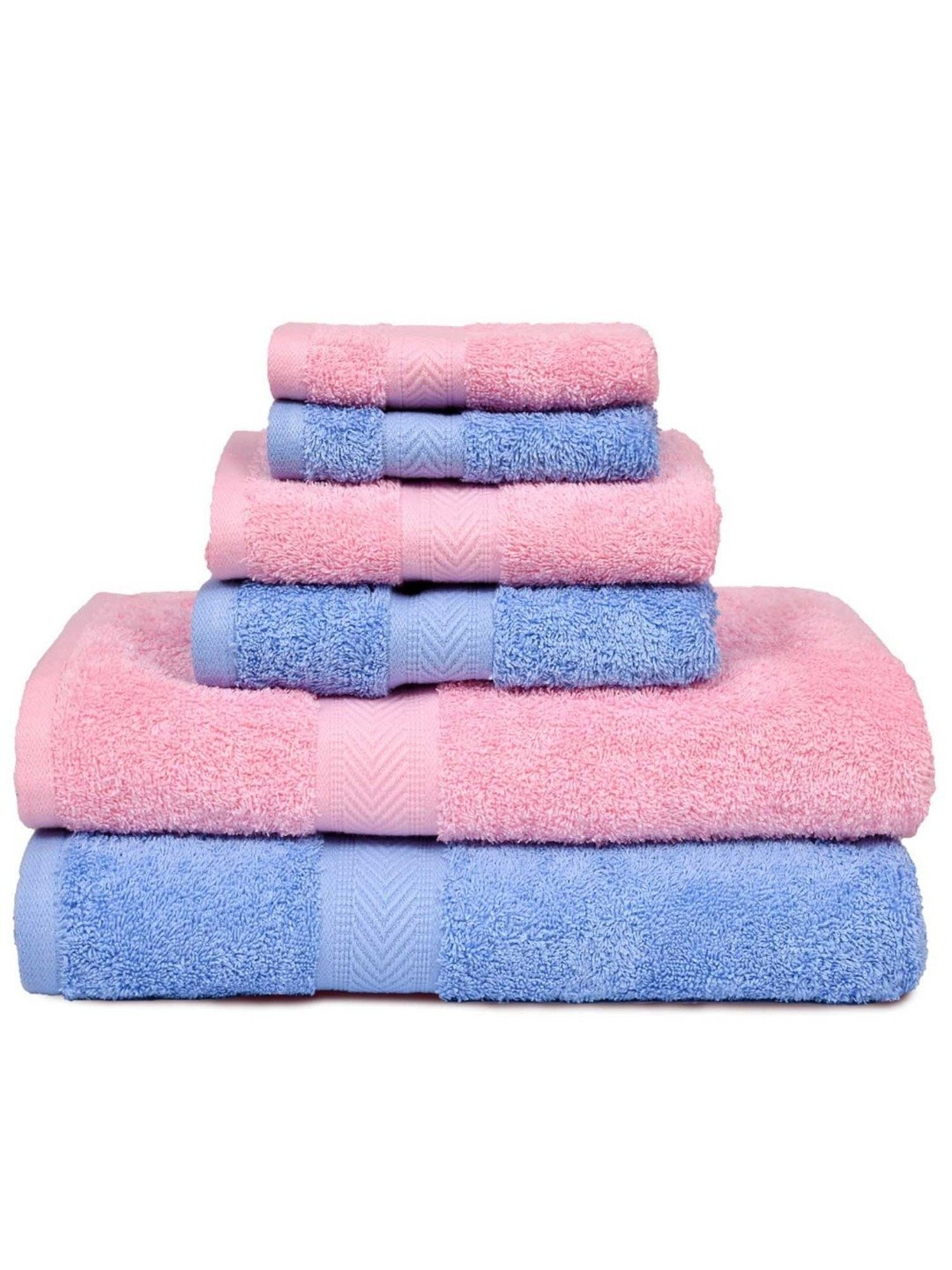 Haus & Kinder Self Pink & Navy Blue 500 GSM Cotton Towel Combo - Set of 6