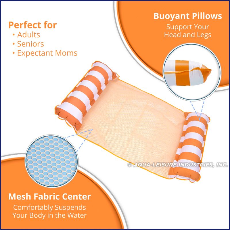 AquaLeisure 4-in-1 Monterey Fabric Hammock Swimming Multi Purpose Inflatable Pool Float, Orange/White Stripe and Blue (2 Pack)