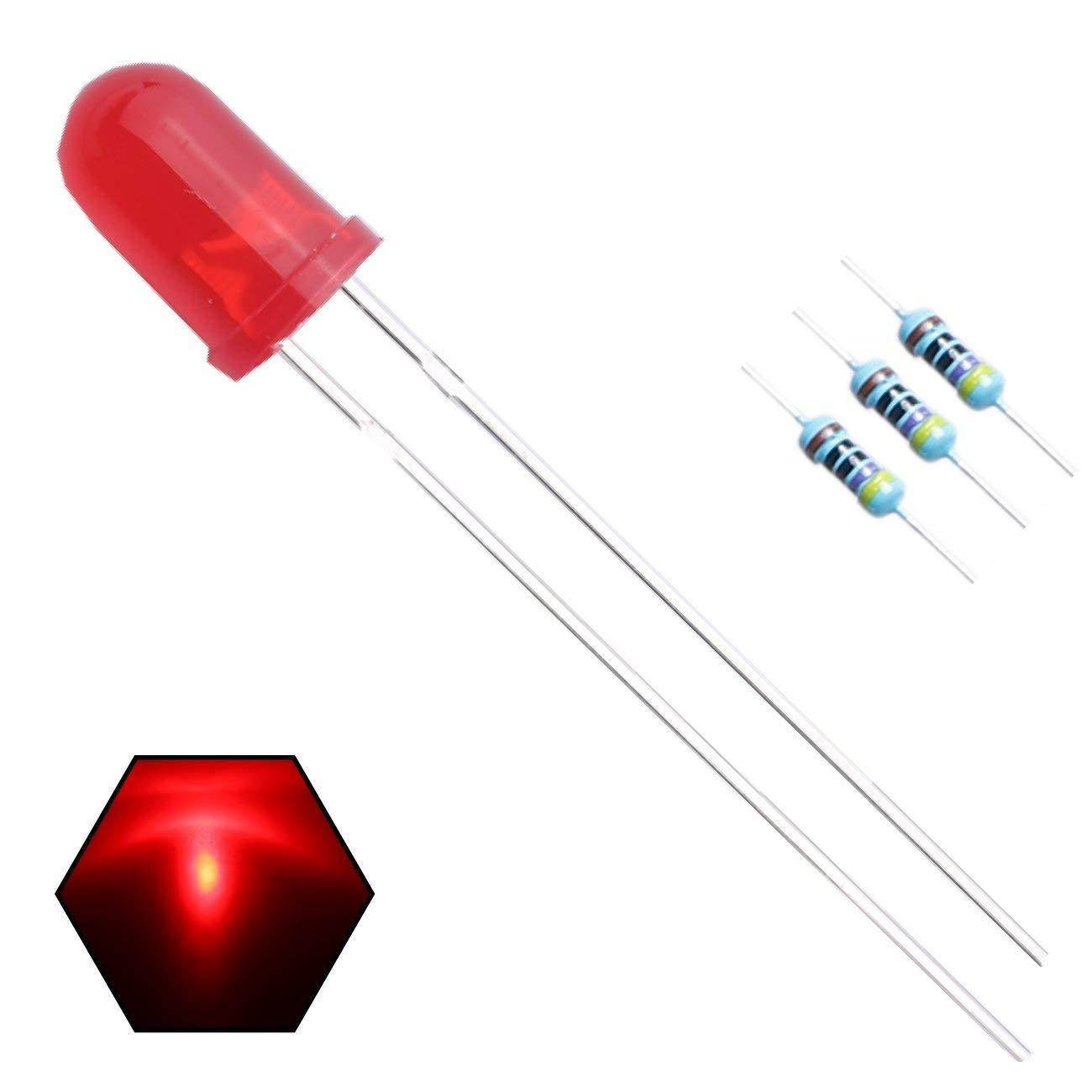 100pcs 5mm Red Blinking Diffused LED Diodes 1.5Hz Flash (Single Color Flashing) Round Top 29mm Feet DC 2V Blink Bulb Lamp Light Emitting Diode +100pcs Resistors 470ohm for DC 6-12V Included