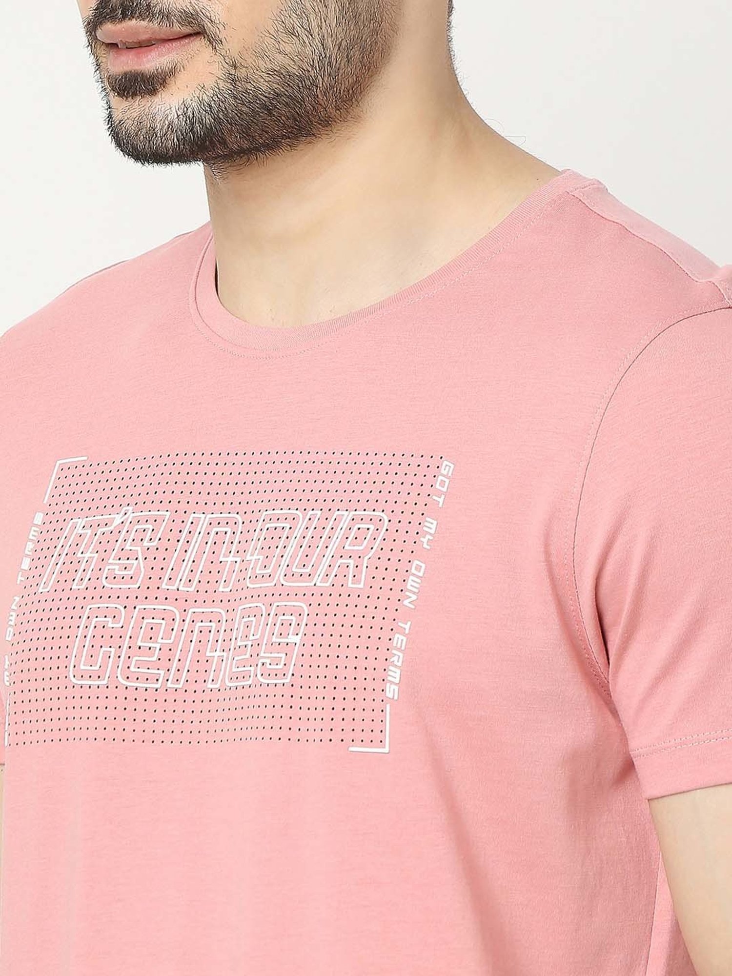 UnderJeans by Spykar Pink Regular Fit Self Design Cotton Crew T-Shirt