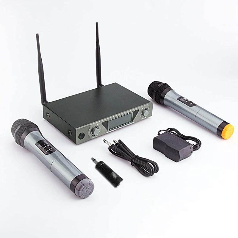 UHF Wireless Microphone System with LCD Display Dual Channel Handheld Karaoke Microphones Set for Outdoor Wedding Conference Karaoke Evening Party Singing