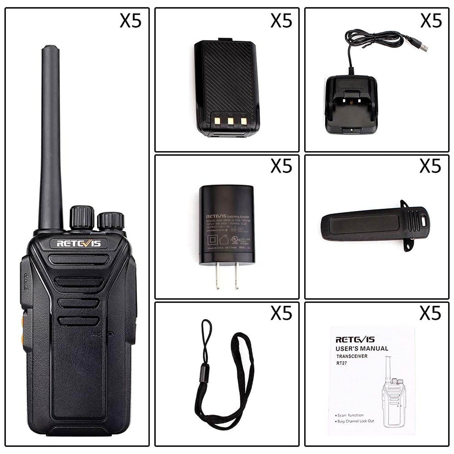 Retevis RT27 Walkie Talkies for Adults Rechargeable Long Range 2 Way Radio Anti Fall 22 CH VOX Two Way Radio(Black,5 Pack)